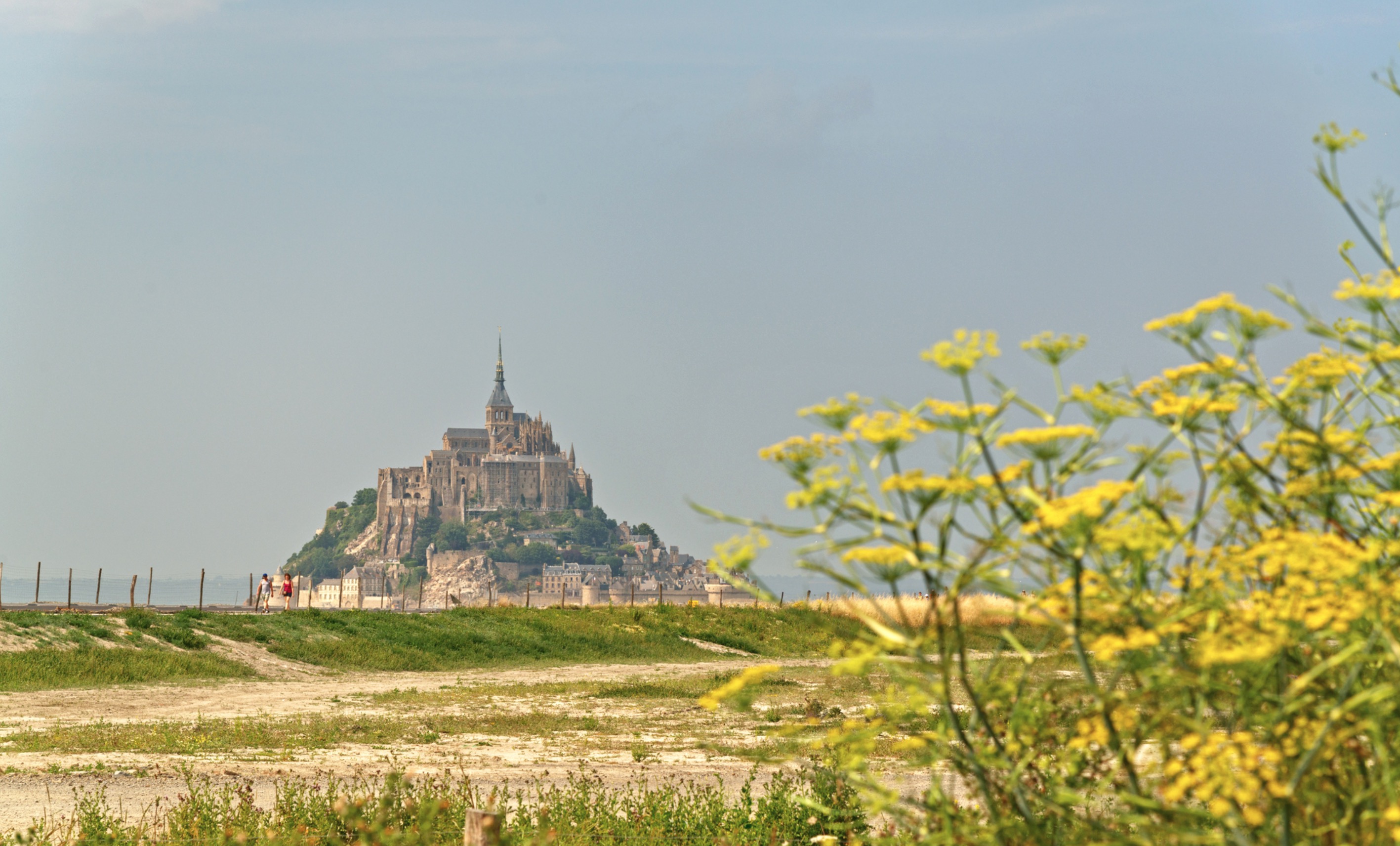 Campeurs face au Mont-Saint-Michel au lever du jour