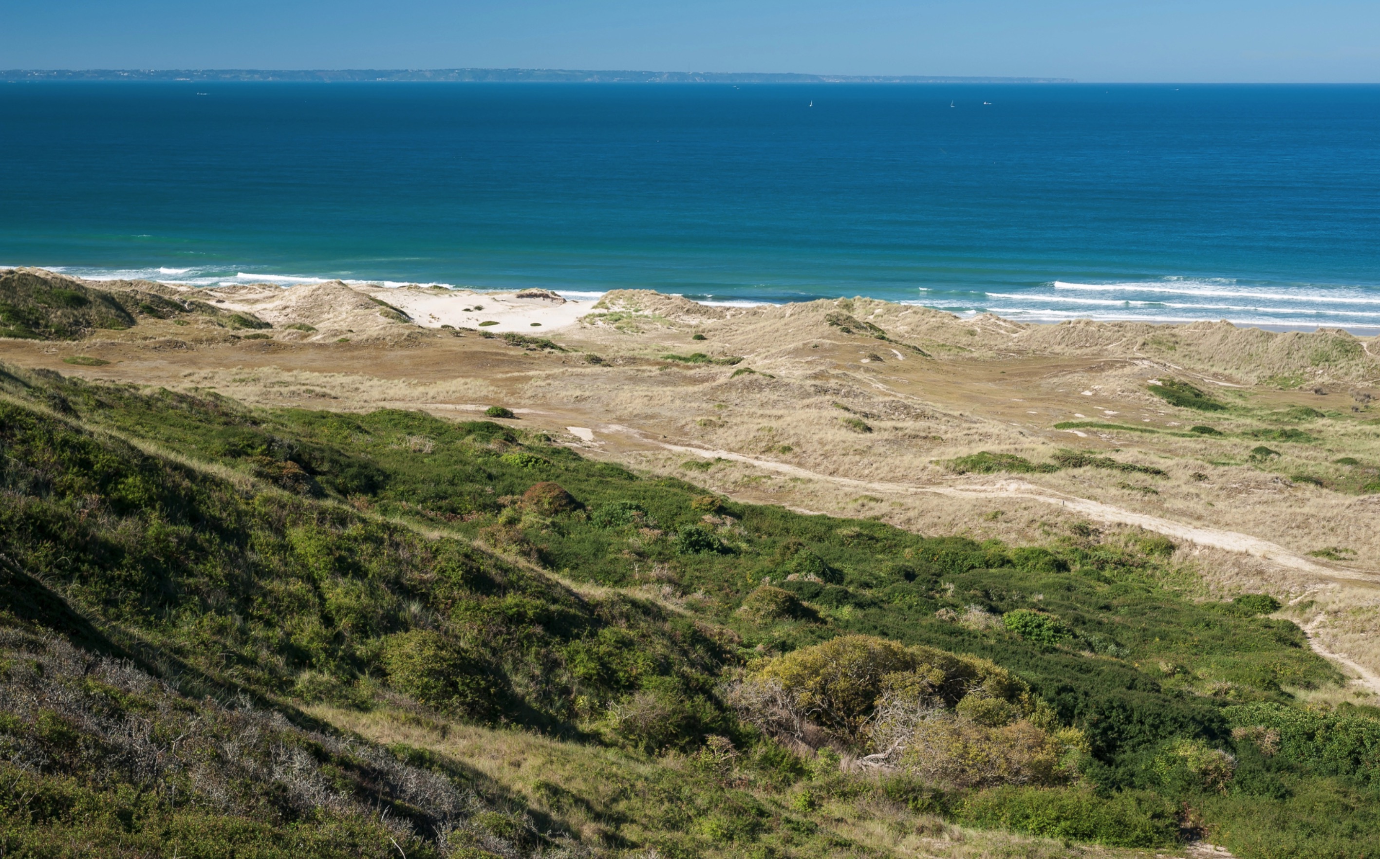 Vue panoramique de la côte sauvage du Cotentin avec falaises abruptes et vagues