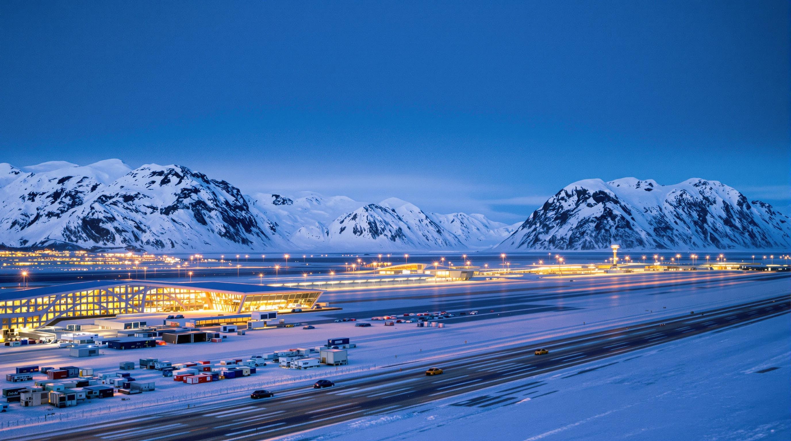 Aéroport de Tromsø au crépuscule, avec montagnes enneigées et lumière polaire