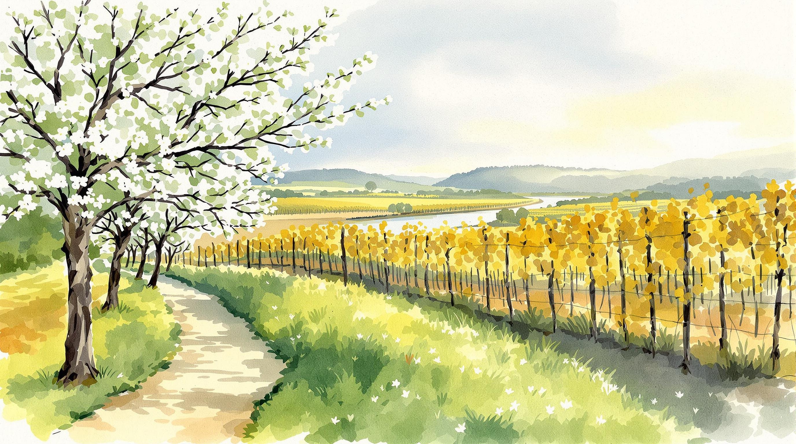 Paysage du Val de Loire au printemps avec tilleuls et en automne avec vignes dorées.