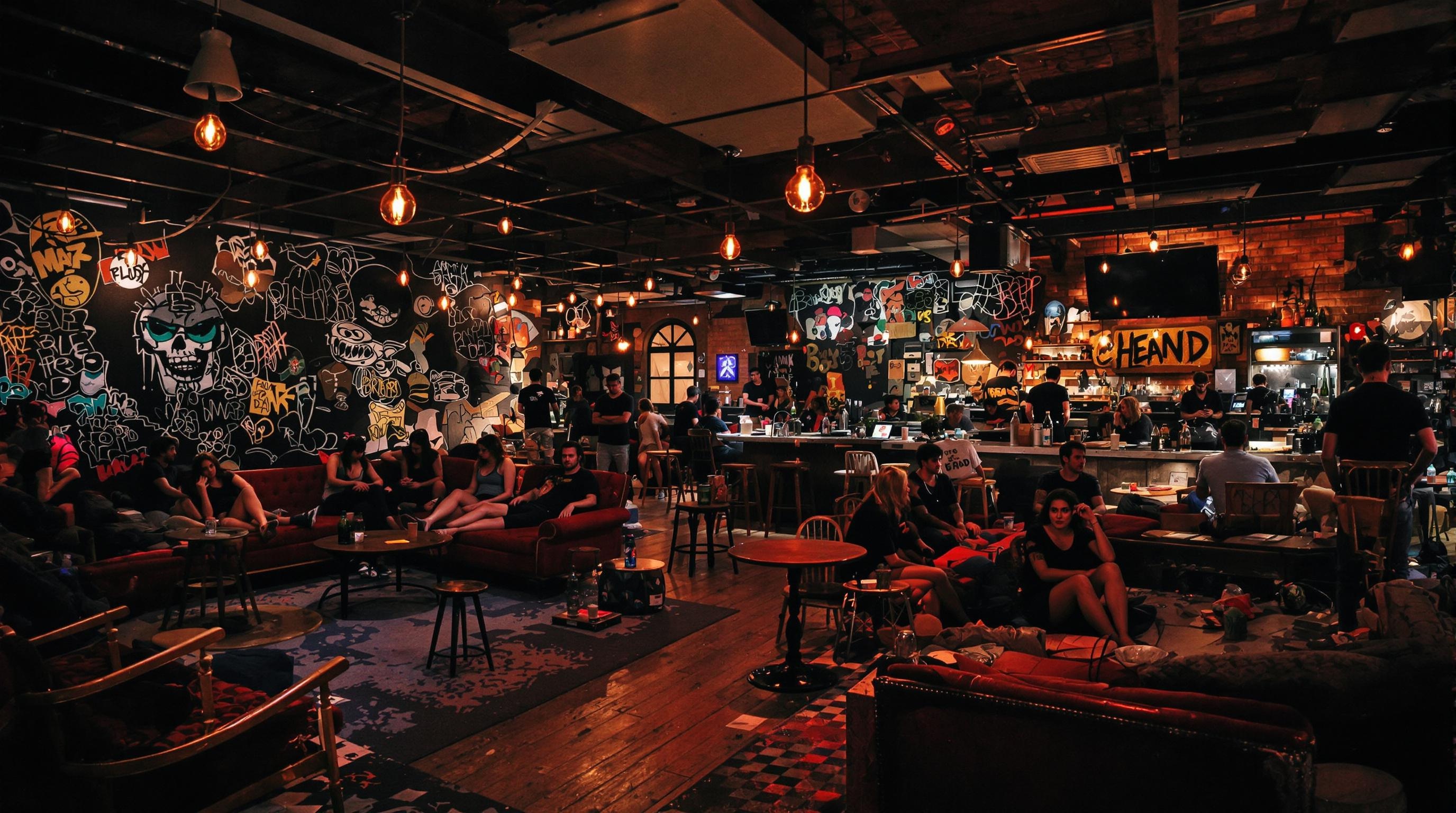 Ambiance intérieure d’un ruin bar à Budapest avec mobilier récupéré et street art