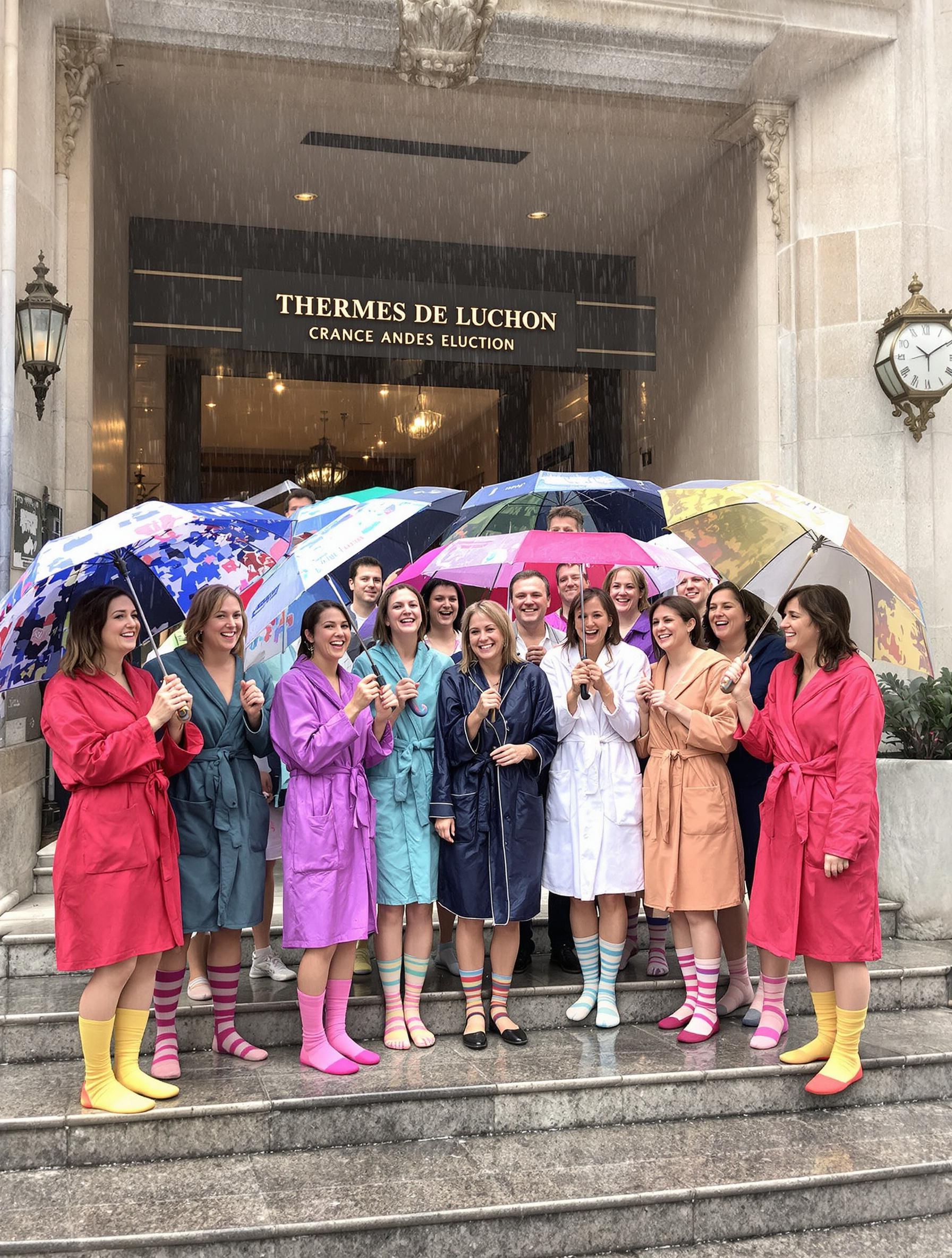 Groupe d'amis devant les Thermes de Luchon sous la pluie