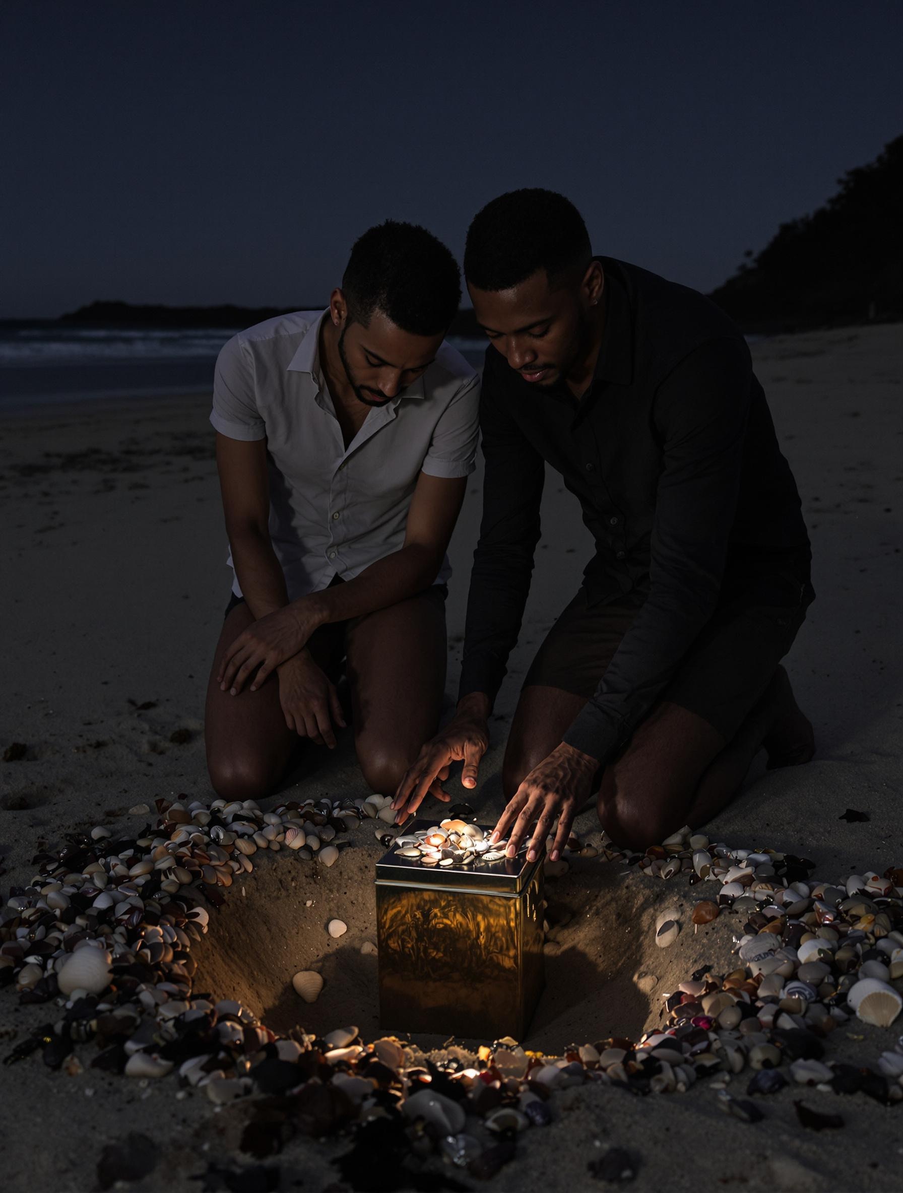 Deux amoureux enterrant une boîte métallique étanche décorée de coquillages sur une plage crépusculaire