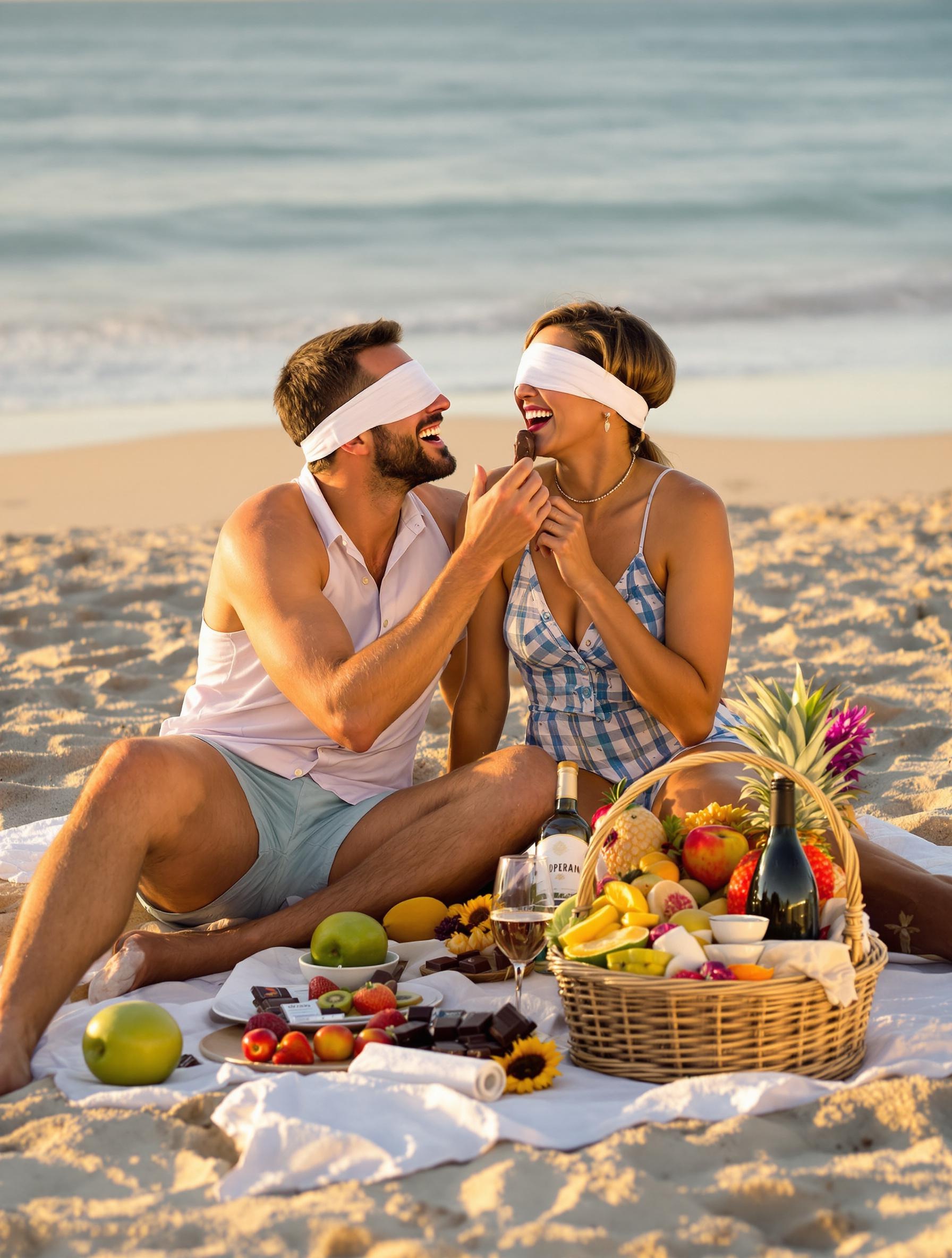 Deux amoureux assis sur le sable en train de se faire goûter des fruits exotiques et du chocolat, yeux bandés, rires francs, panier gourmand posé près d'eux, lumière dorée du soir.