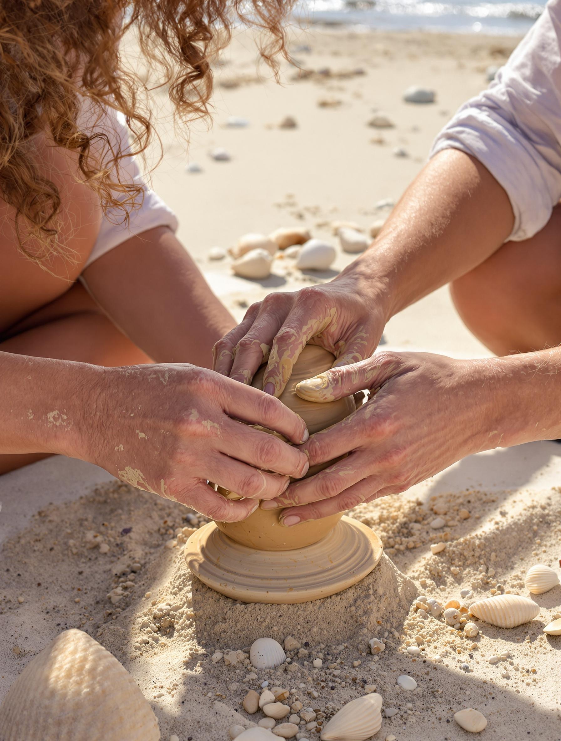 Atelier poterie express sur la plage avec argile moulée sur coquillage ; deux amoureux hilares et barbouillés.