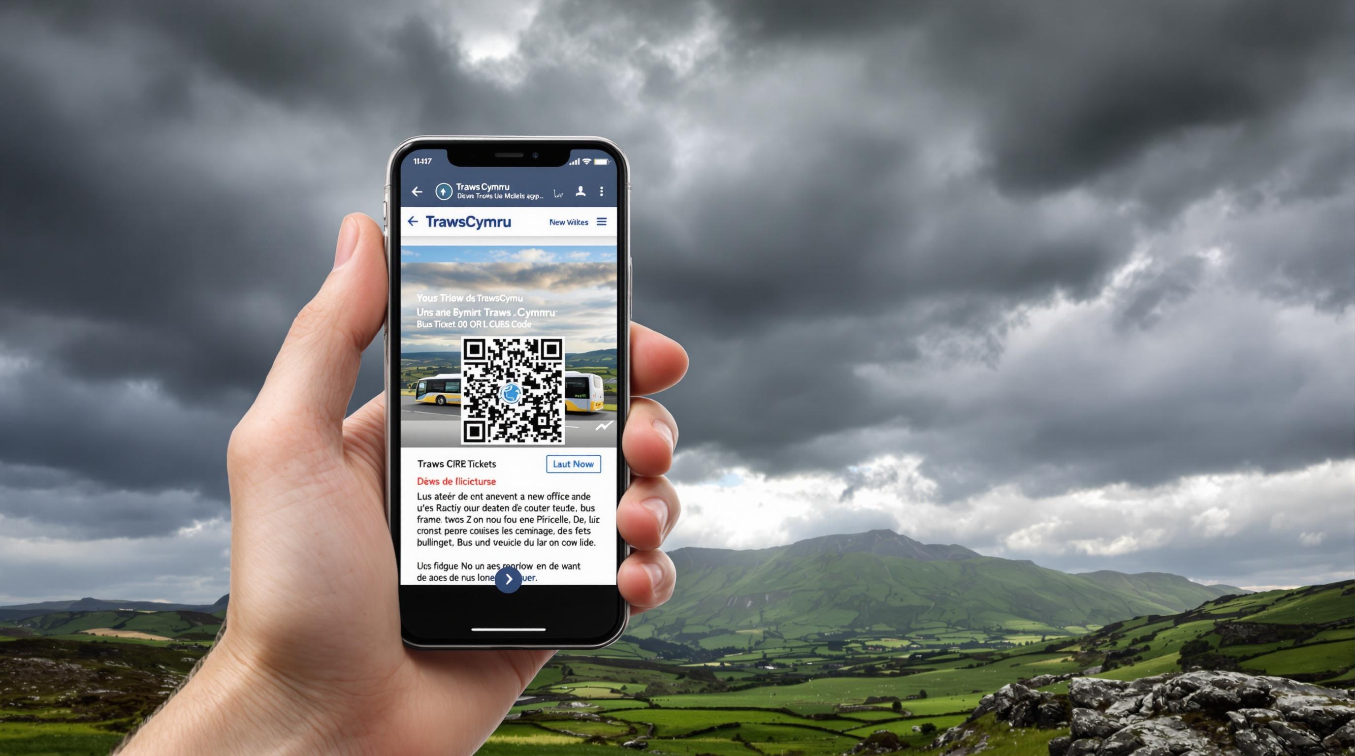 Smartphone appli TrawsCymru QR code ticket bus paysage gallois
