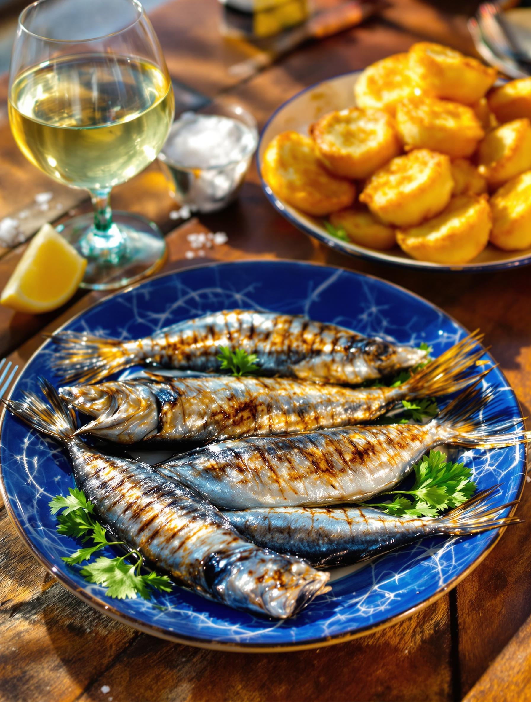 sardines grillées pastéis table rustique