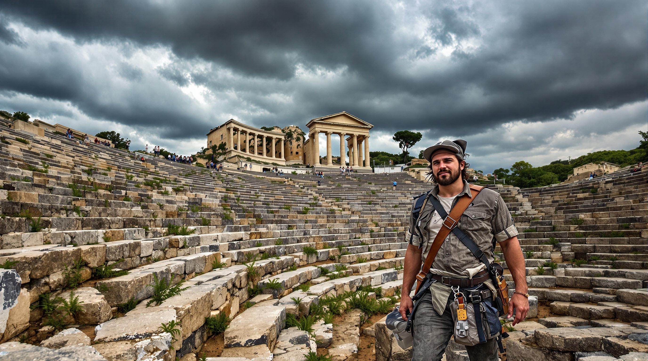 Aventurier face au Théâtre grec du parc archéologique Neapolis Syracuse