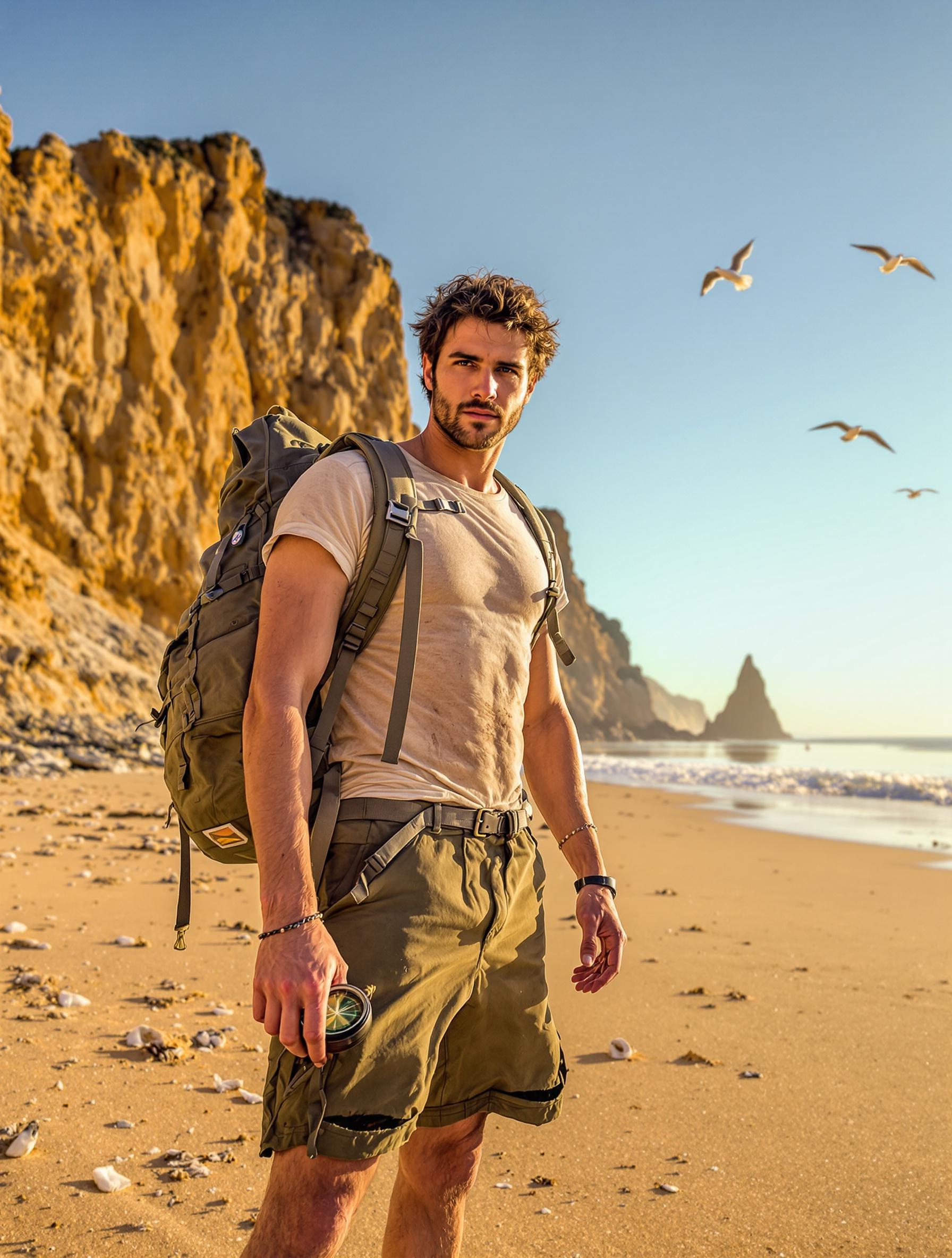 Aventurier explorant une plage sauvage en Espagne