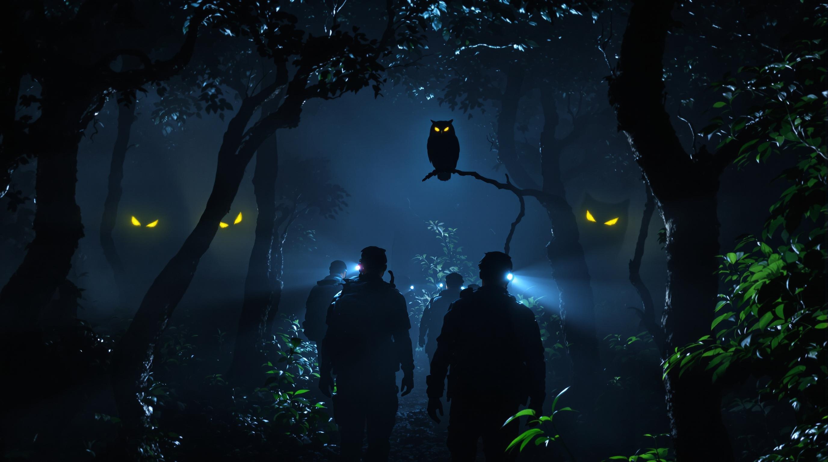 Aventuriers progressant dans la nuit avec lampes frontales
