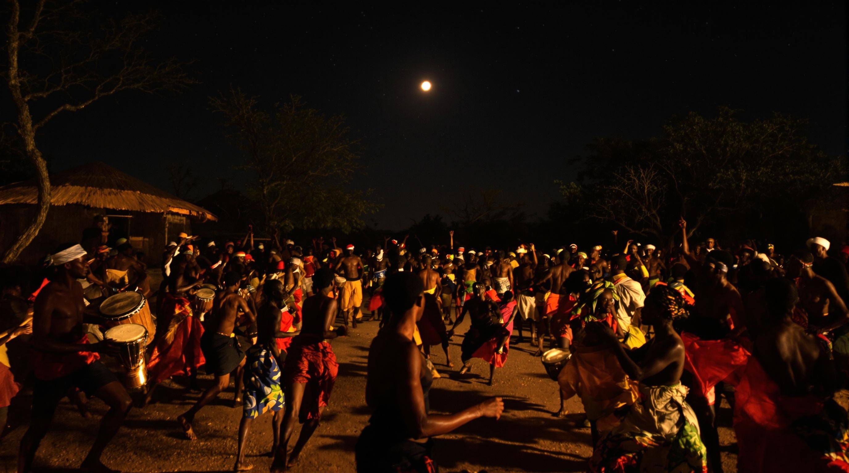 Bal tribal improvisé : musiciens griots jouant tambours et kora sous la lune.