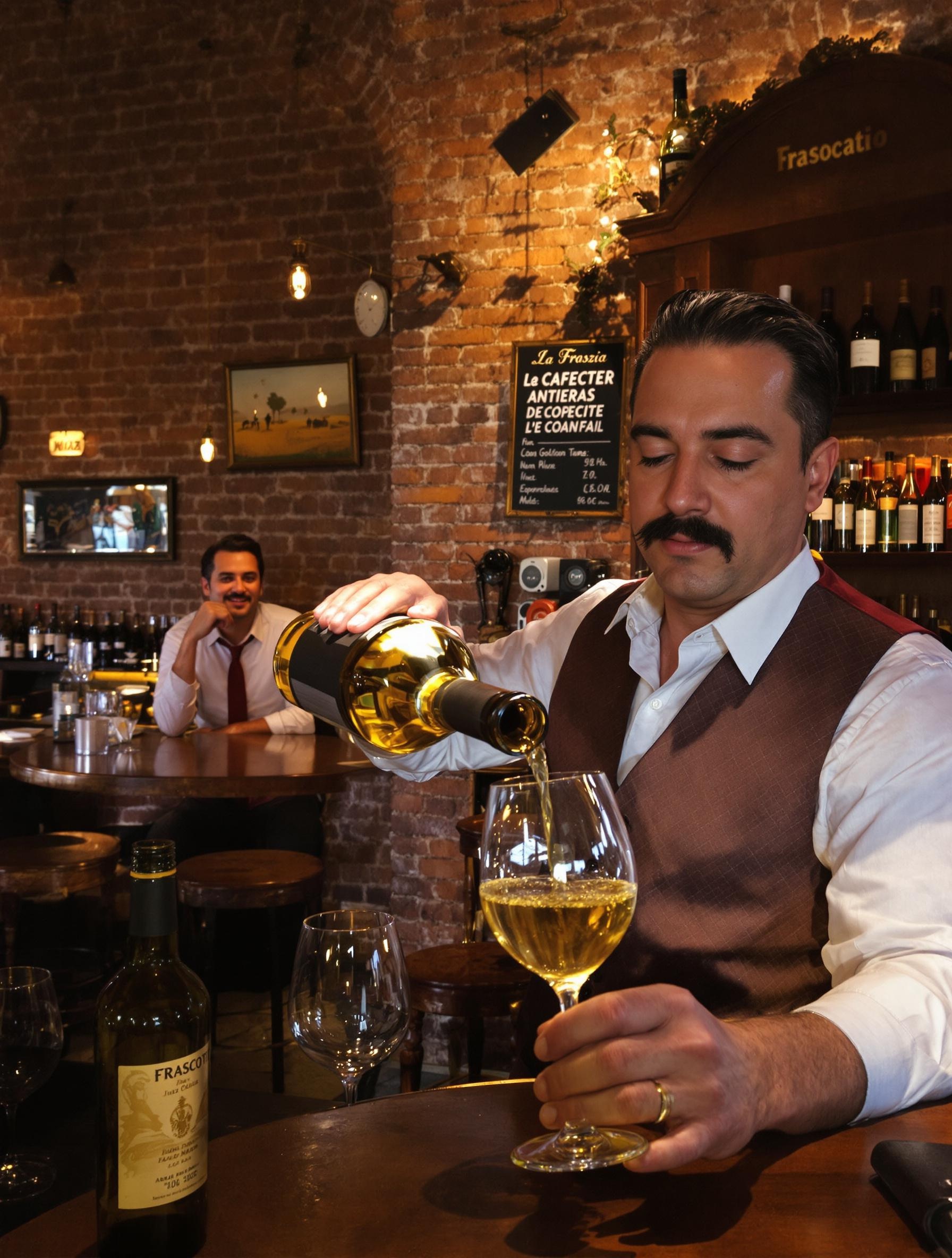 Barman moustachu servant un verre de Frascati doré dans une enoteca rétro aux murs de briques, ambiance jazz, guide complice à la table.