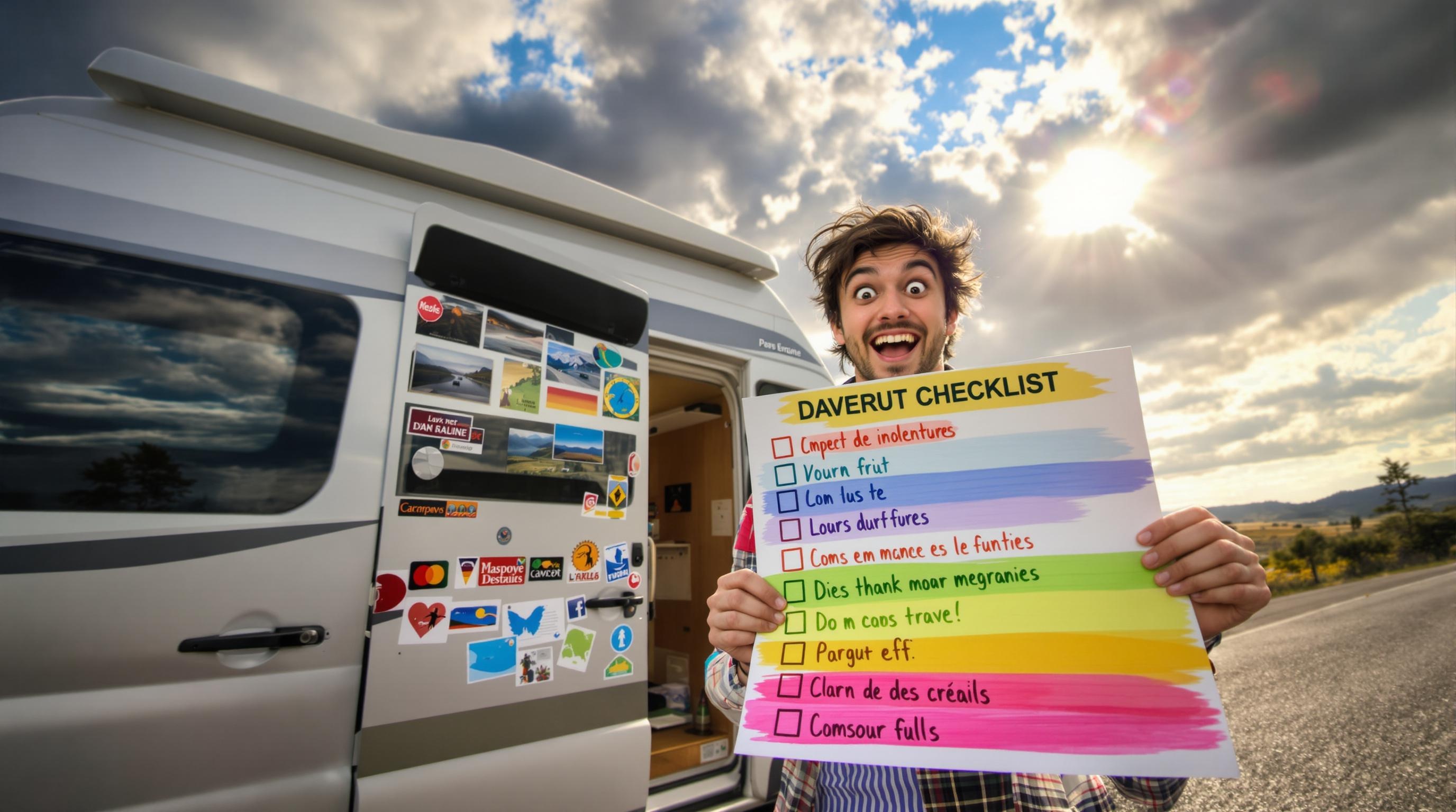 Baroudeur brandissant une checklist devant un mobil-home
