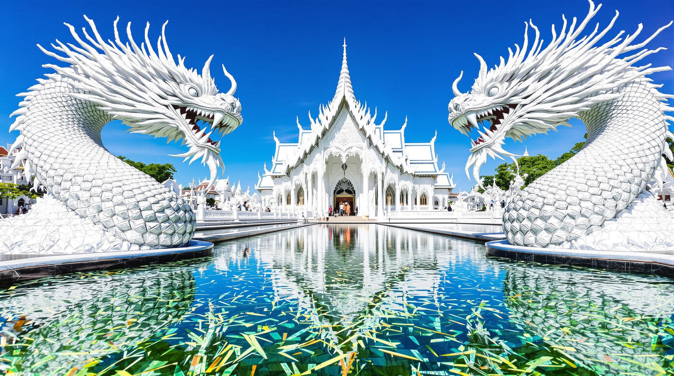 Bassin miroir et Nagas au Wat Rong Khun