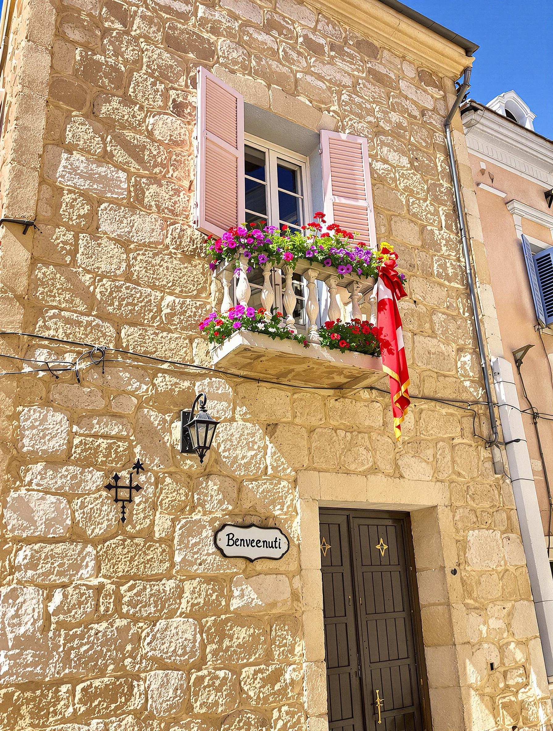 Un B&B insolite dans une ancienne bâtisse de Trapani, façade en pierres avec volets pastel, mini-balcon fleuri, une pancarte 'Benvenuti' tordue, ciel bleu et lumière chaude d'après-midi.
