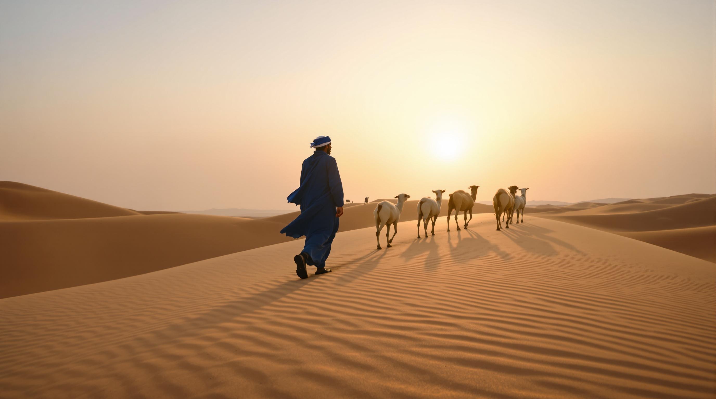 Un berger Touareg conduisant son troupeau au crépuscule dans le Sahara.