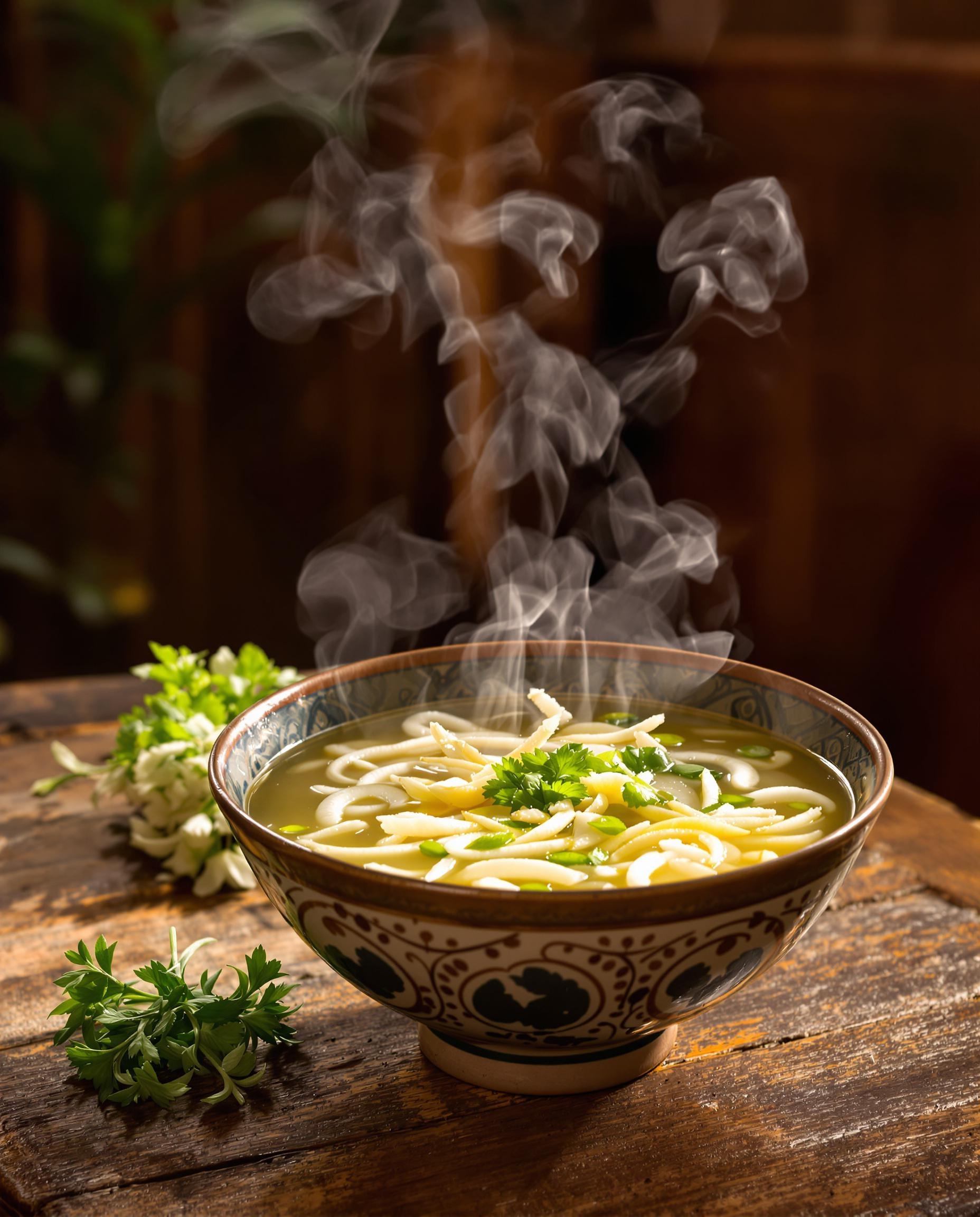 Bol de soupe traditionnelle balinaise parfumée au gingembre et citronnelle.