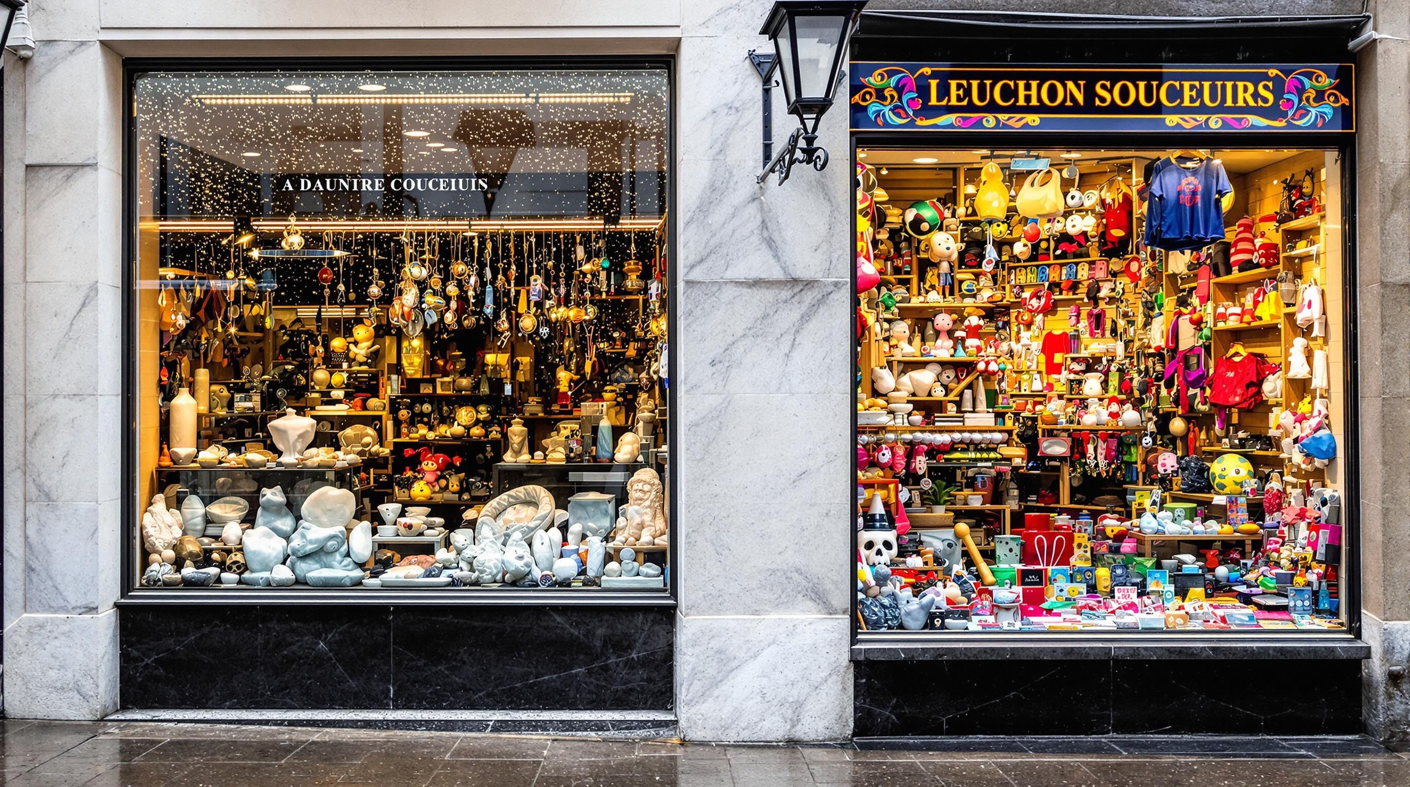 Boutique de souvenirs à Luchon avec marbre et créations locales.
