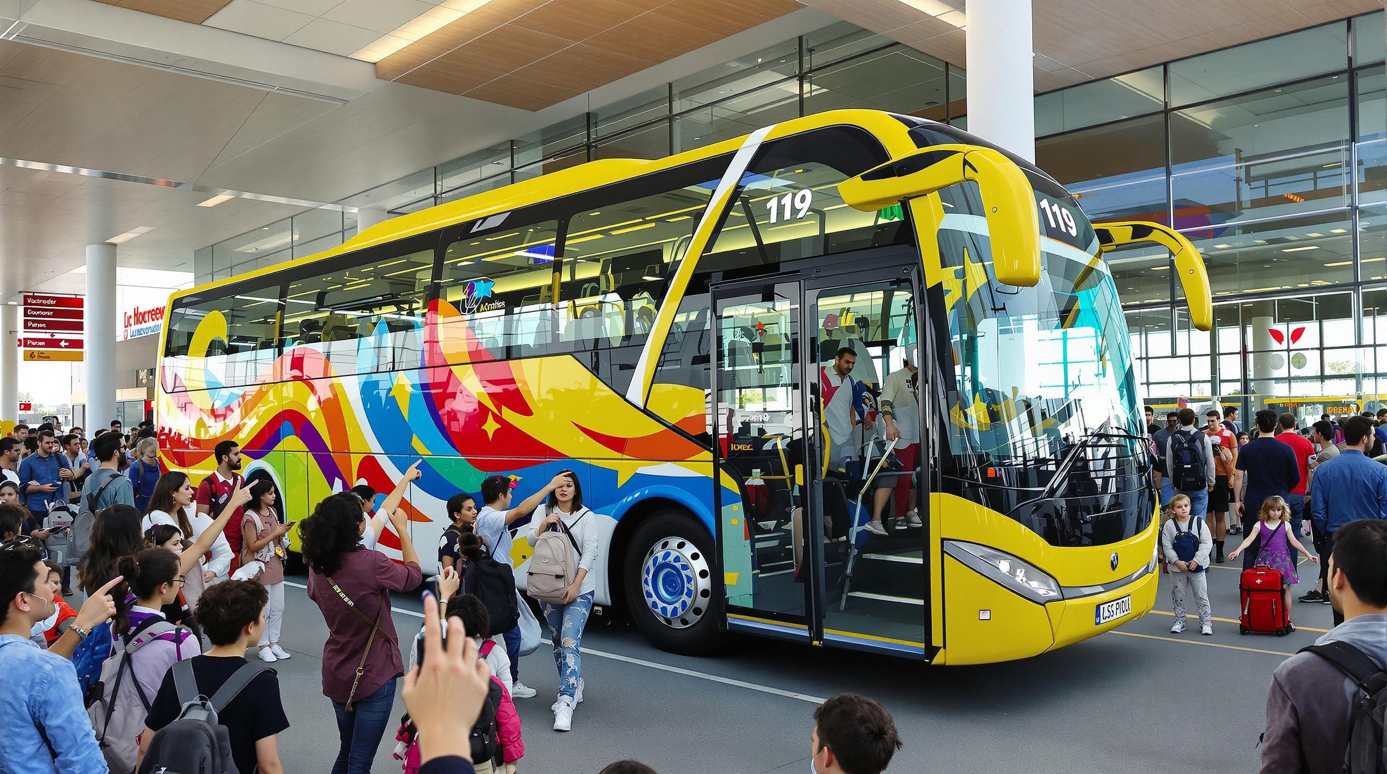 Bus 119 flambant neuf quittant l'aéroport Václav Havel Prague, foule de voyageurs étonnés