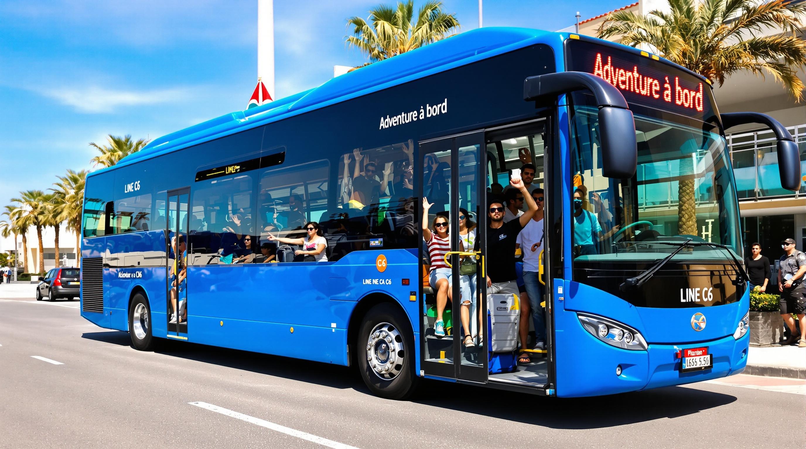 Bus urbain de la ligne C6 reliant l’aéroport d’Alicante au centre-ville, avec des passagers décalés.