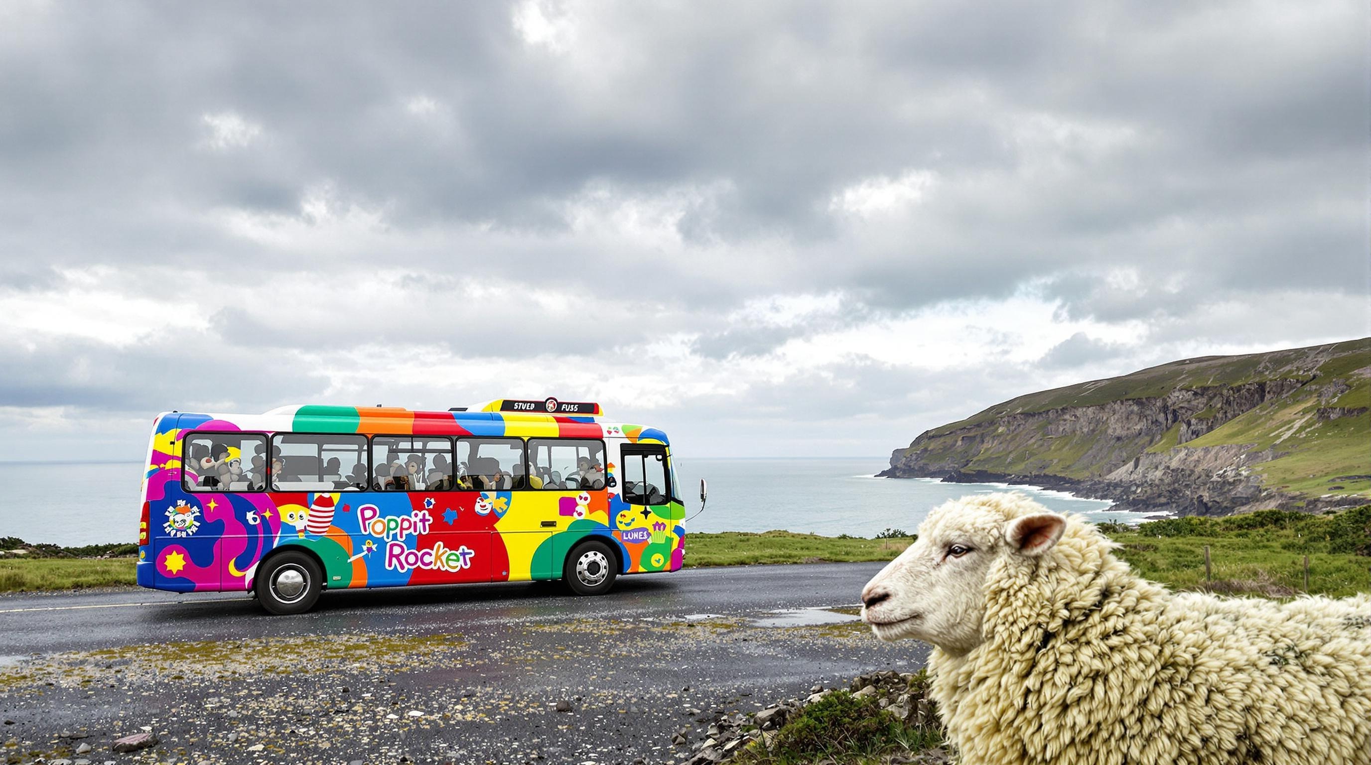 Bus Poppit Rocket sur la côte galloise, mouton perplexe, ciel nuageux