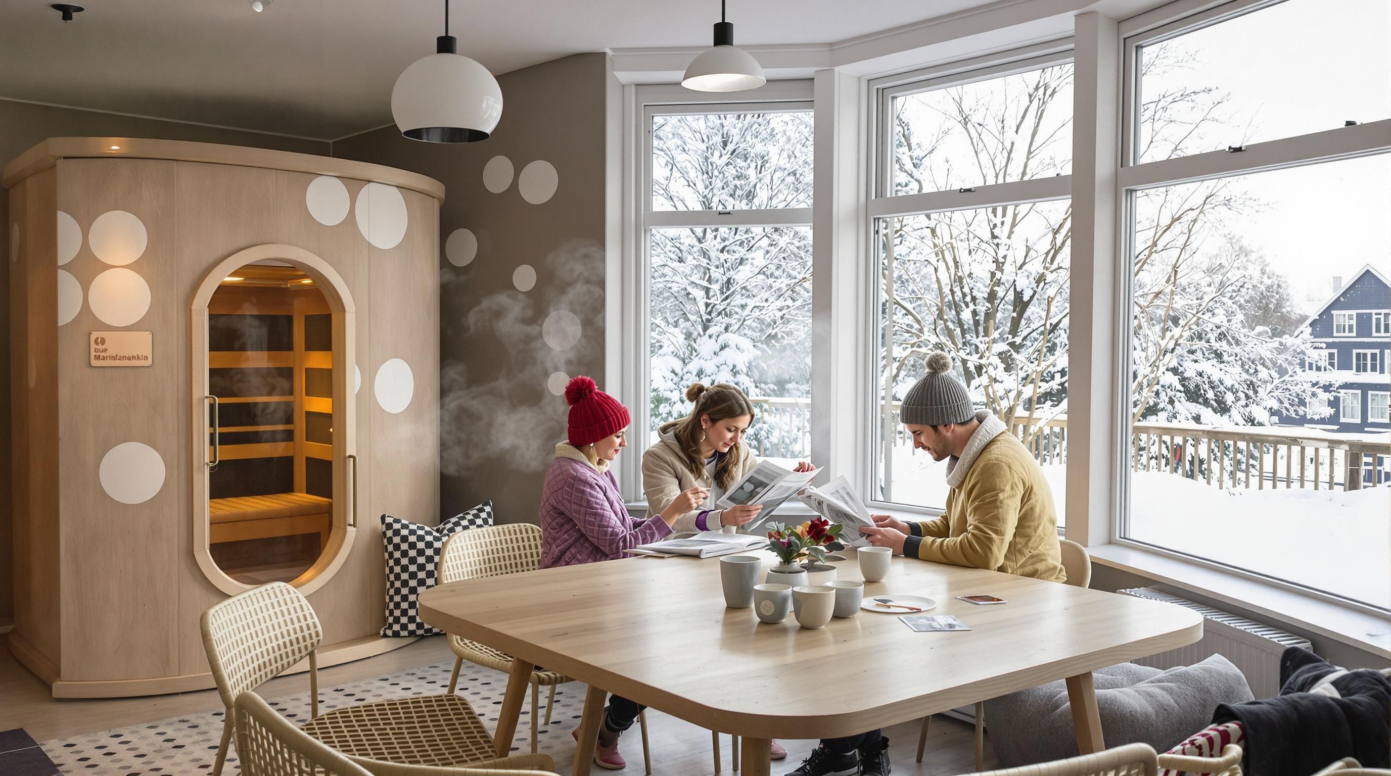 Intérieur lumineux d’un café design à Helsinki avec poêle de sauna en arrière-plan.