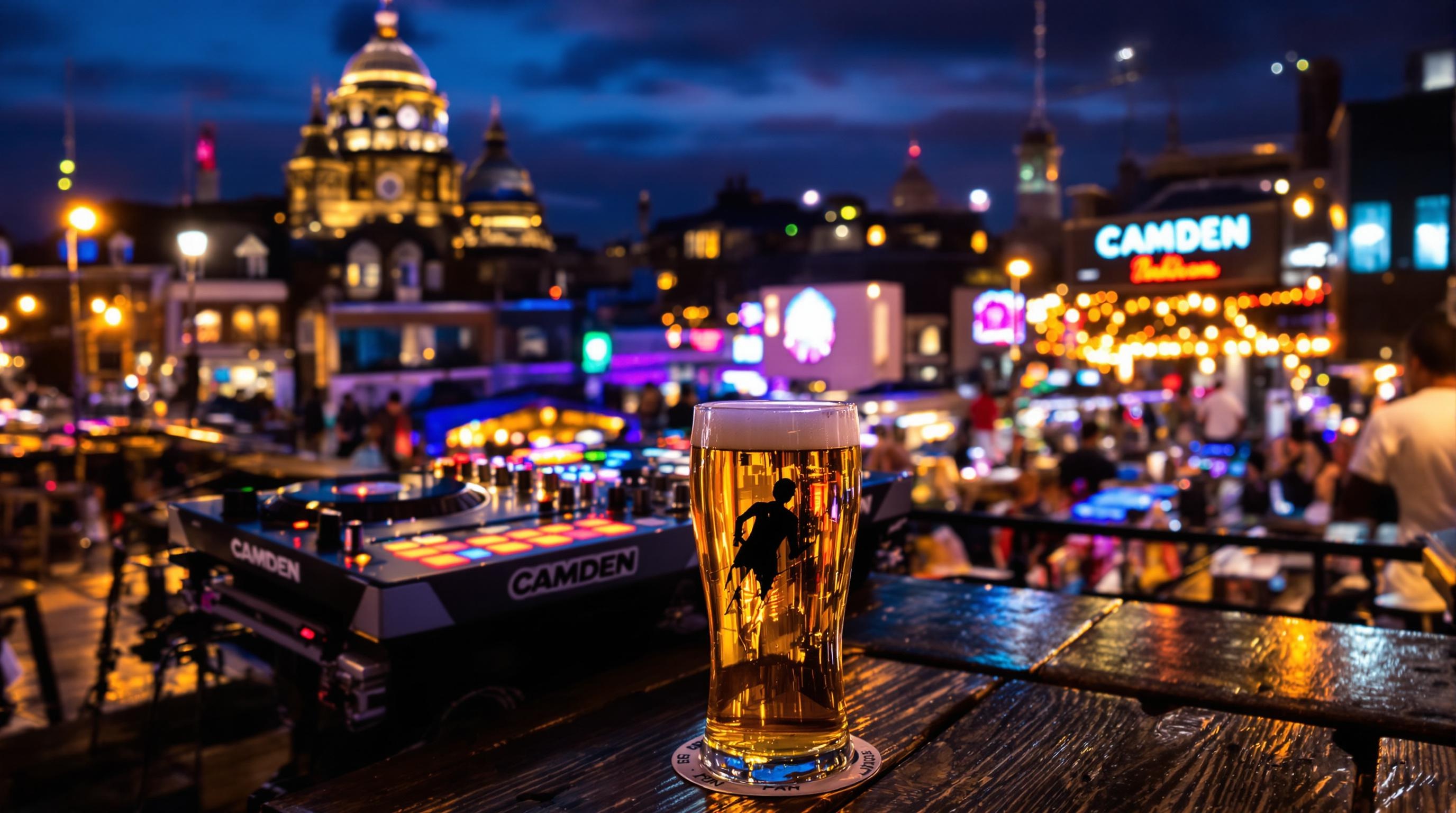 Camden Town pub rooftop at night avec DJ booth et bière artisanale