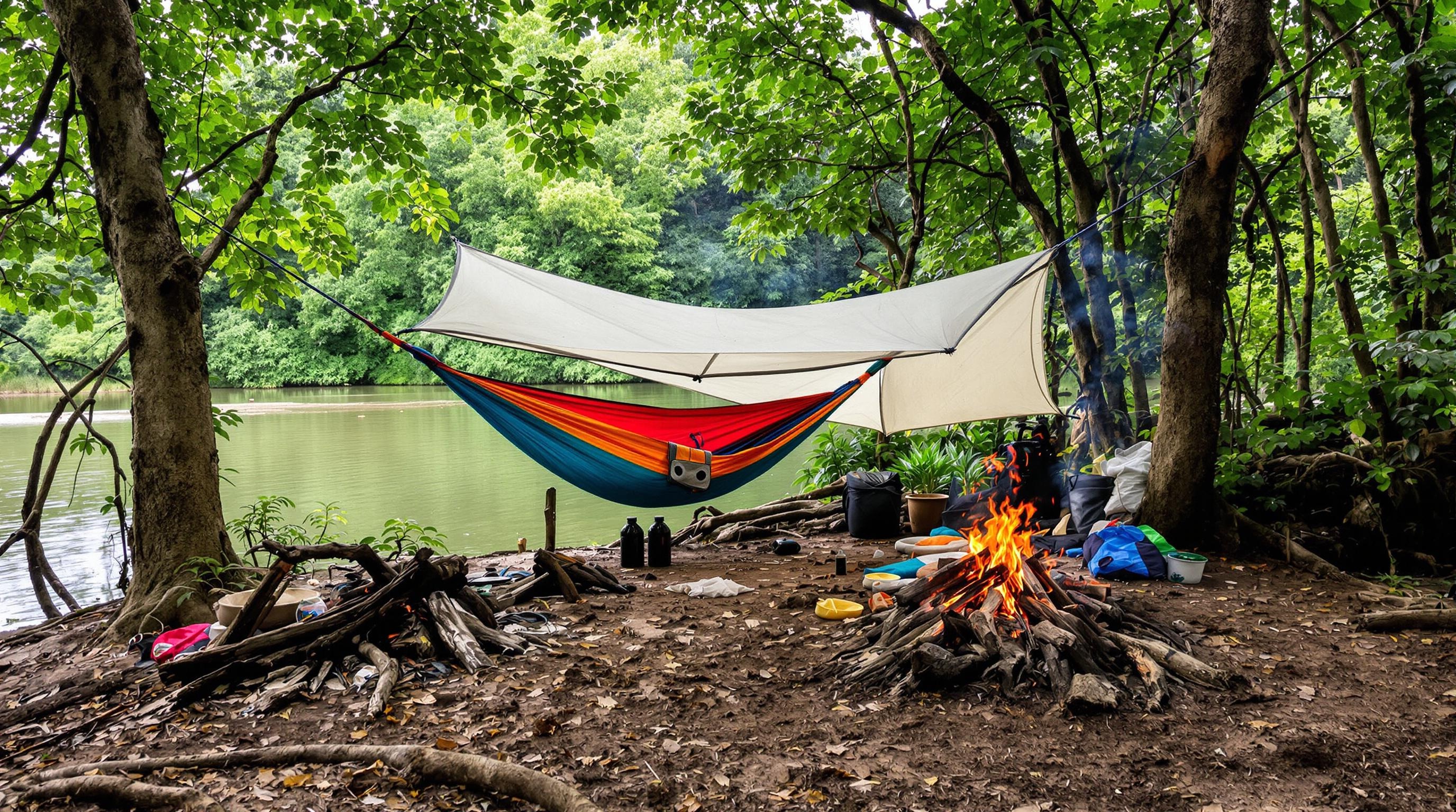 camp rudimentaire au bord d’une rivière en jungle de Bornéo