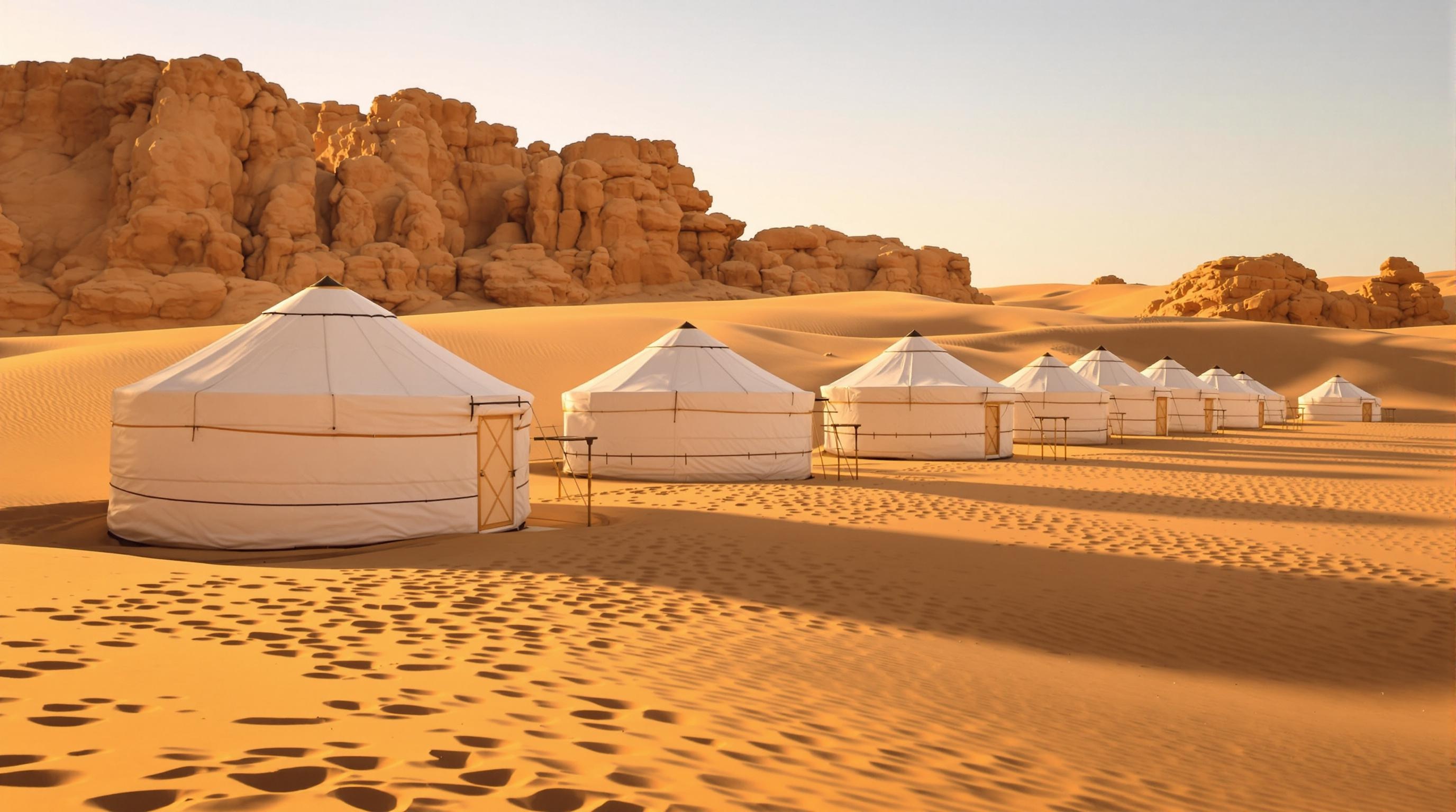 Camp de yourtes au lever du soleil dans le désert blanc, Égypte alternative