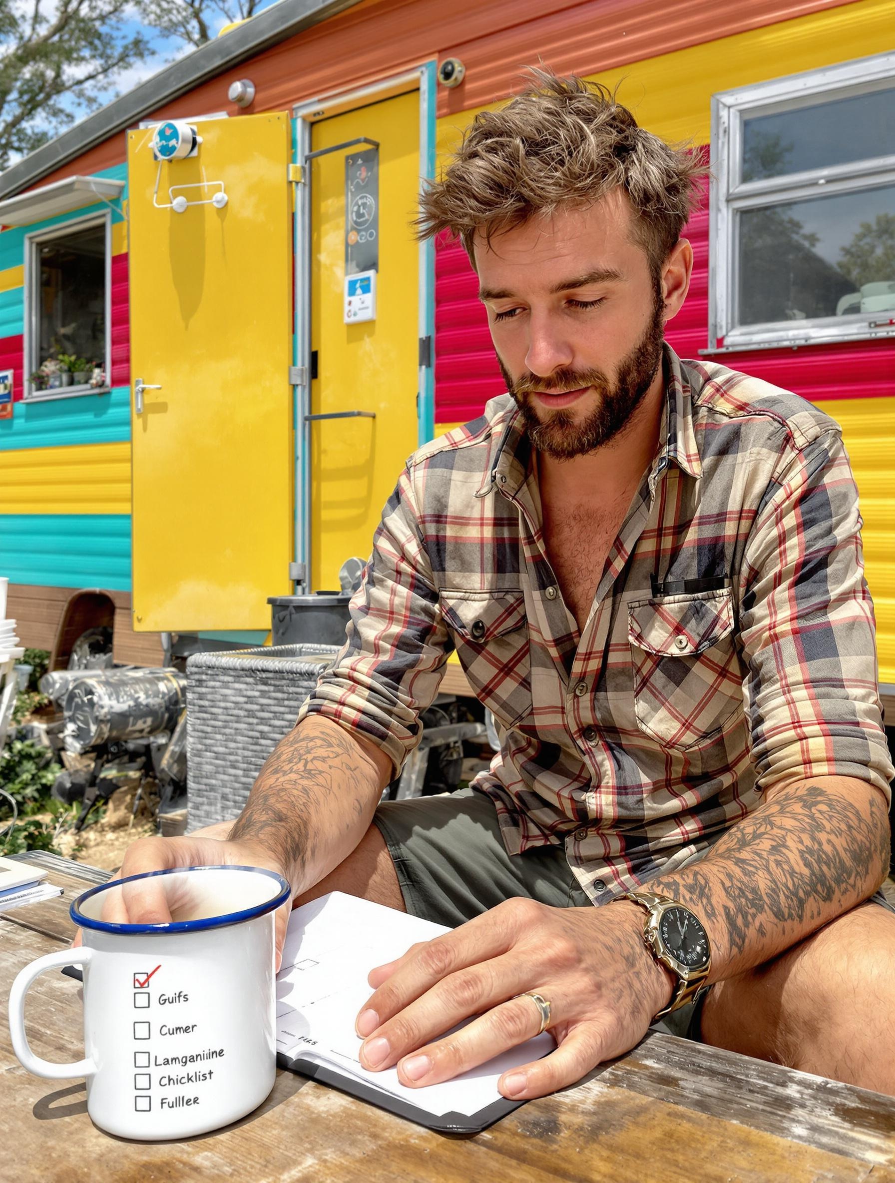 Campeur cochant une checklist imprimée sur une table de camping