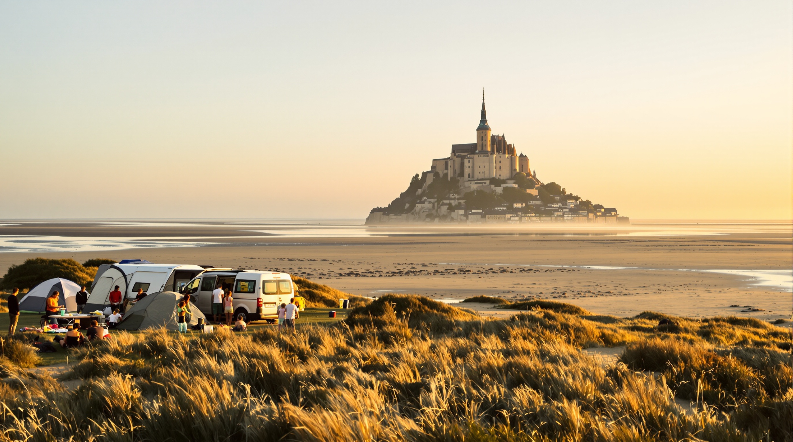 Campeurs face au Mont-Saint-Michel au lever du jour