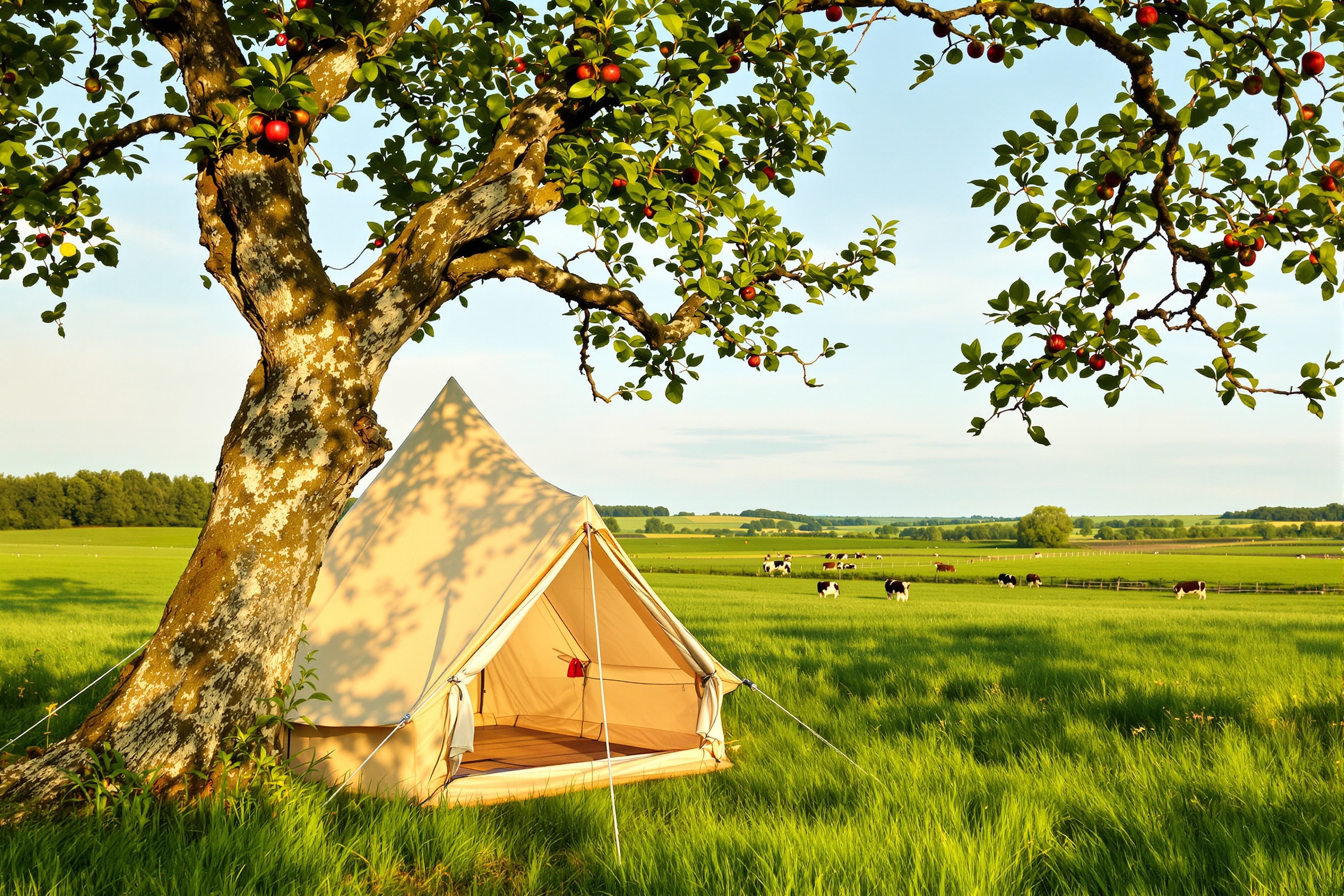 Prairie calme avec tente plantée près d'un pommier dans le bocage normand