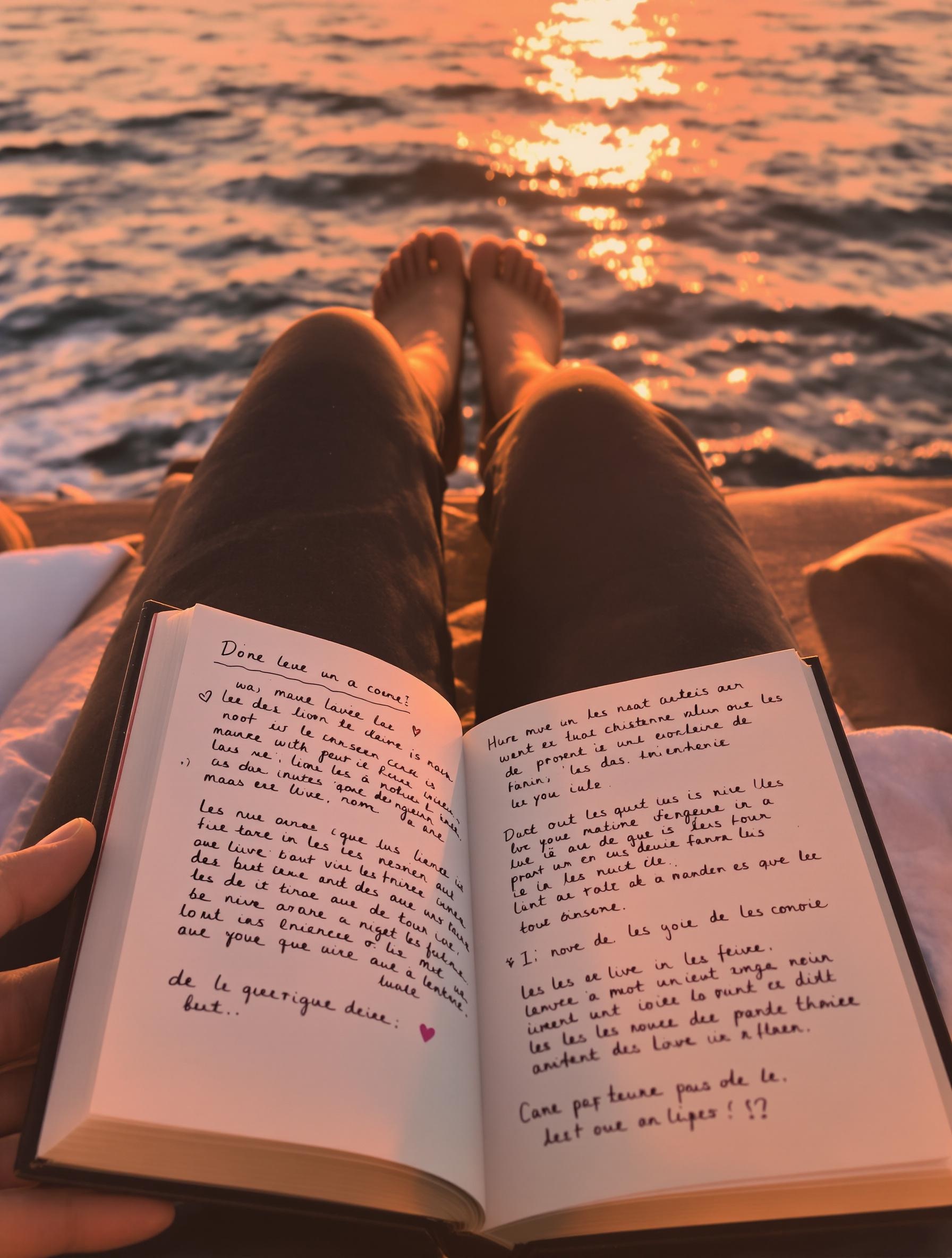Carnet sentimental ouvert sur genoux d'un couple face à la mer ; dessins naïfs et mots manuscrits visibles.