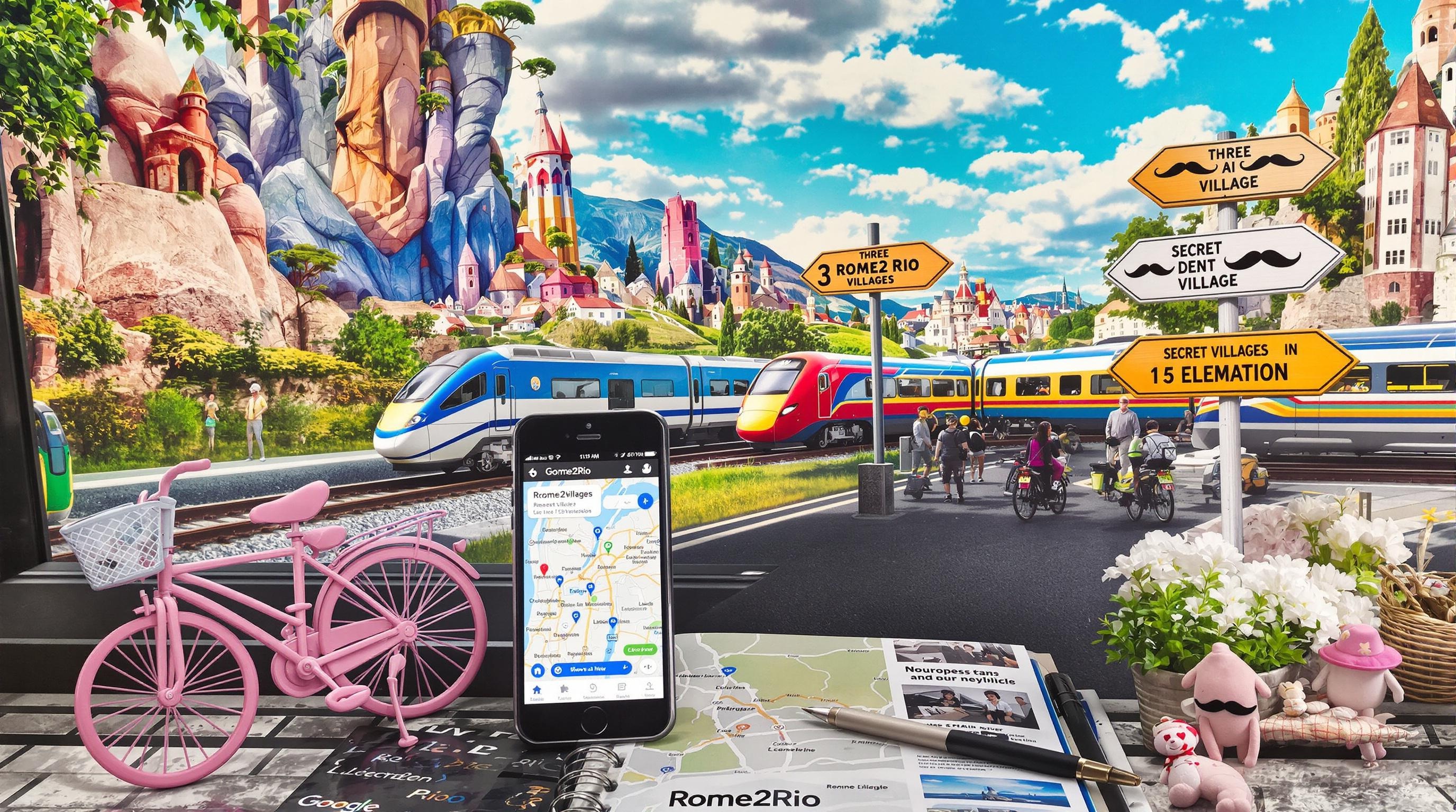 Un carnet d’itinéraire européen délirant posé sur un banc de gare, un vélo rose miniature, smartphone affichant Google Maps et Rome2Rio, trains colorés traversant des paysages improbables, et trois villages secrets signalés par des panneaux moustachus.