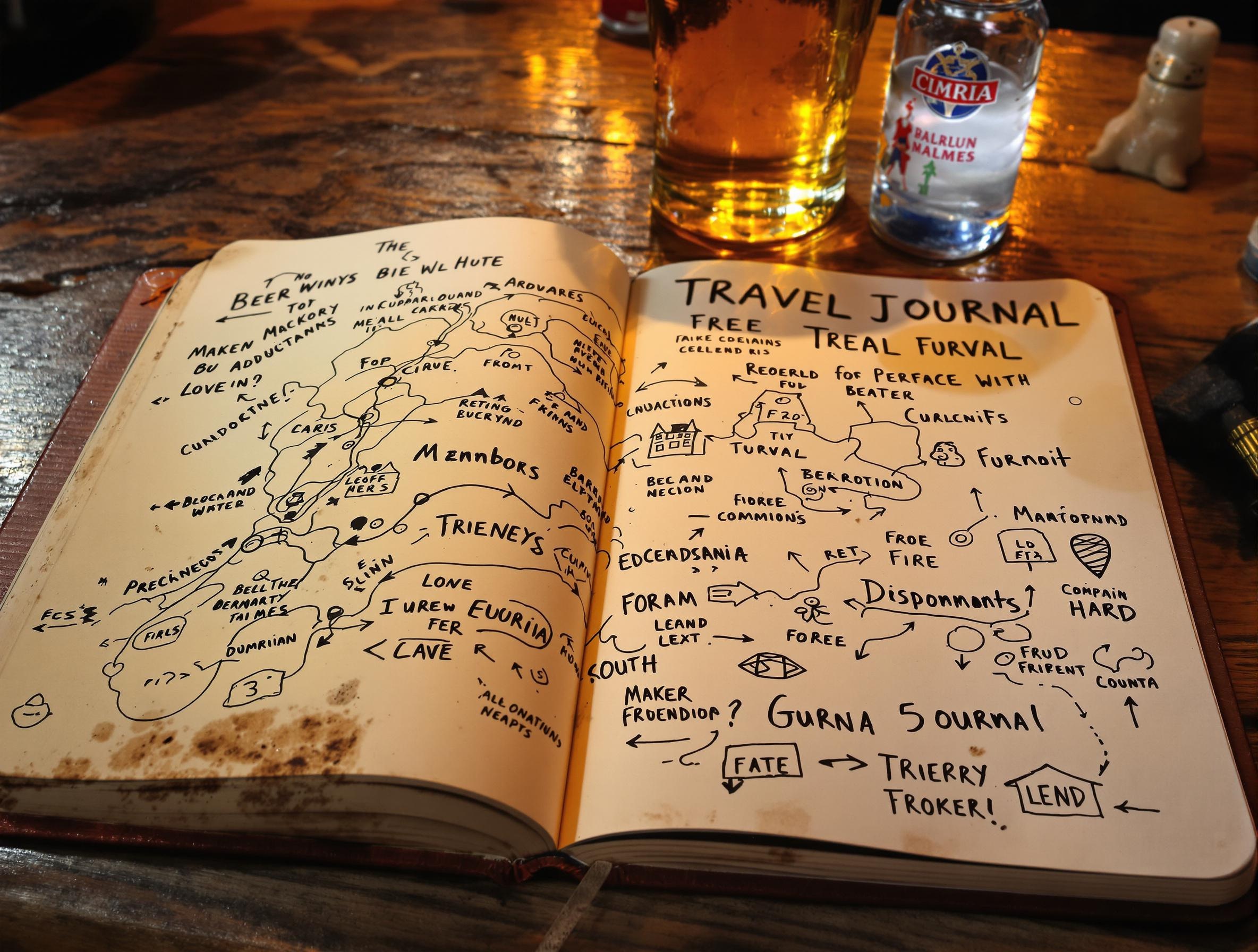 Carnet voyage pub gallois carte griffonnée itinéraire insolite