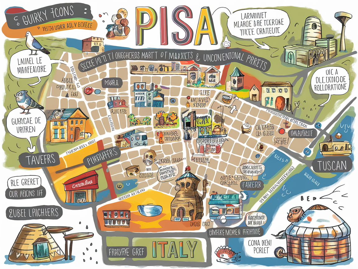 Carte alternative dessinée à la main de Pise insolite