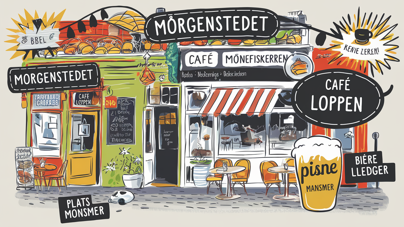 Carte des cafés emblématiques de Christiania : Morgenstedet, Café Månefiskeren, Café Loppen.