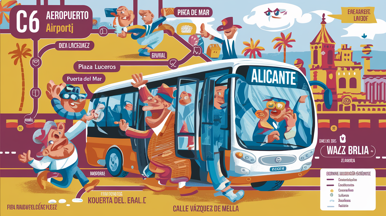 Plan humoristique de la ligne C6 à Alicante avec ses arrêts principaux et des suggestions de selfies farfelus.