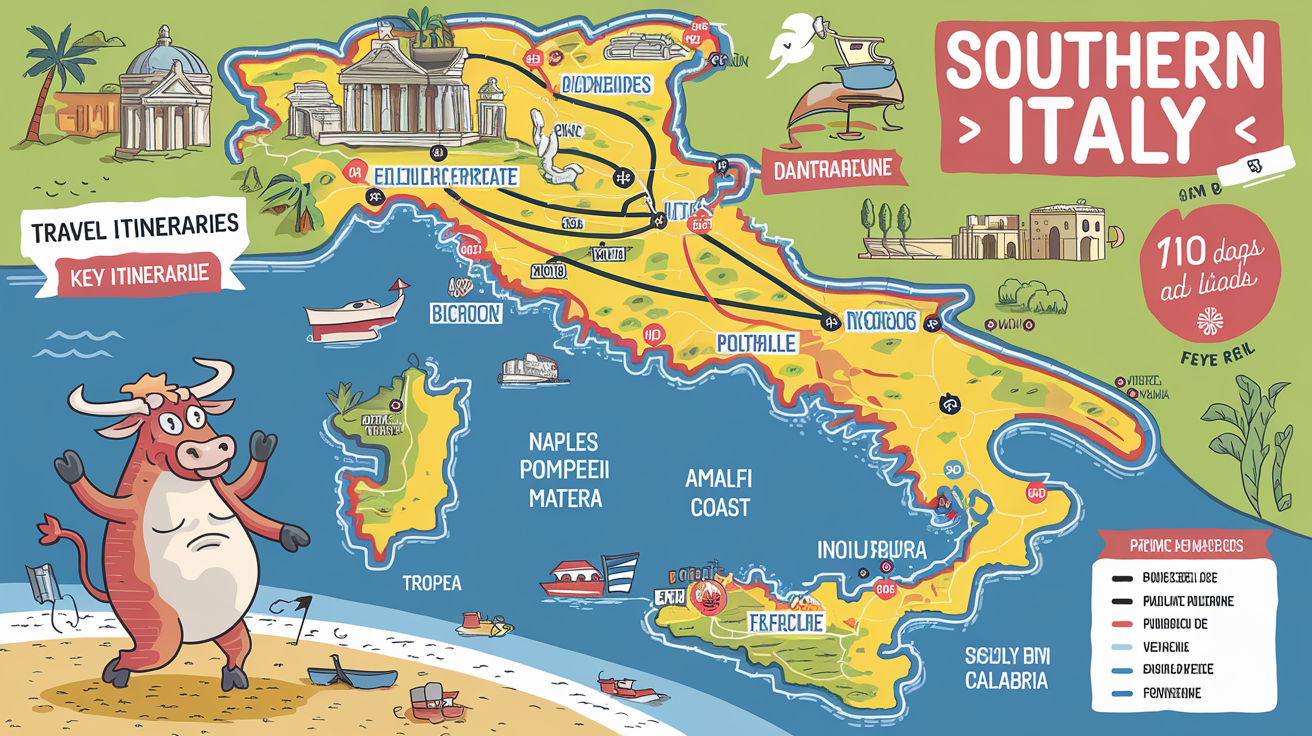 Carte illustrant 3 itinéraires dans le Sud de l’Italie.