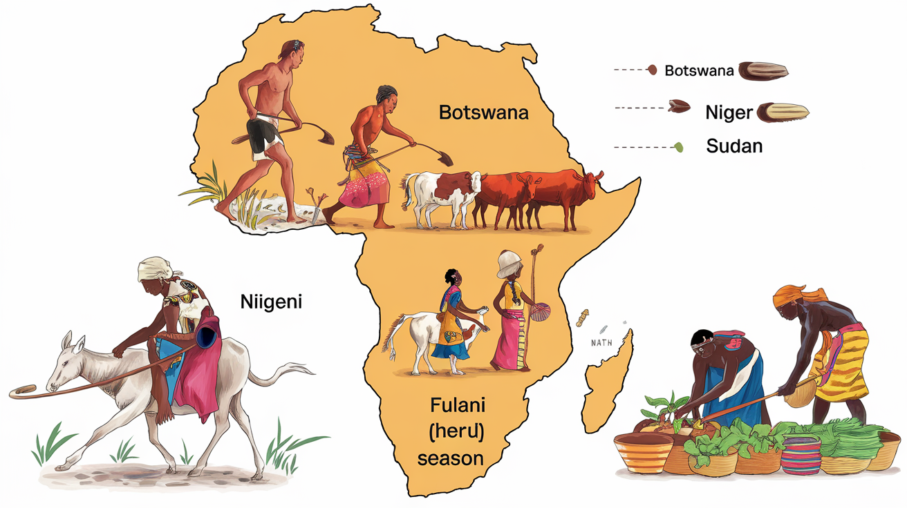Carte illustrée Afrique tribus Botswana Niger Soudan saisons activités
