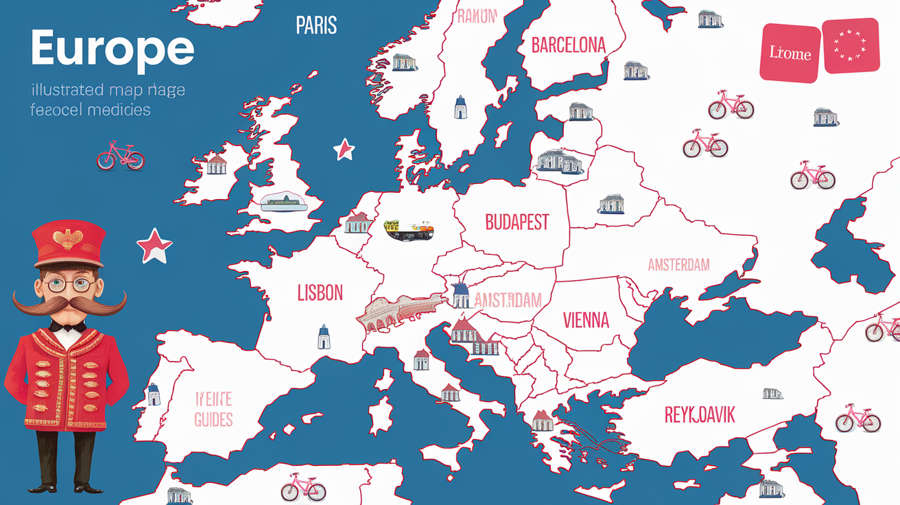 Carte illustrée des dix villes européennes incontournables avec vélos roses miniatures et guides moustachus devant Paris, Rome, Barcelone, Prague, Budapest, Lisbonne, Amsterdam, Vienne, Cracovie et Reykjavik.
