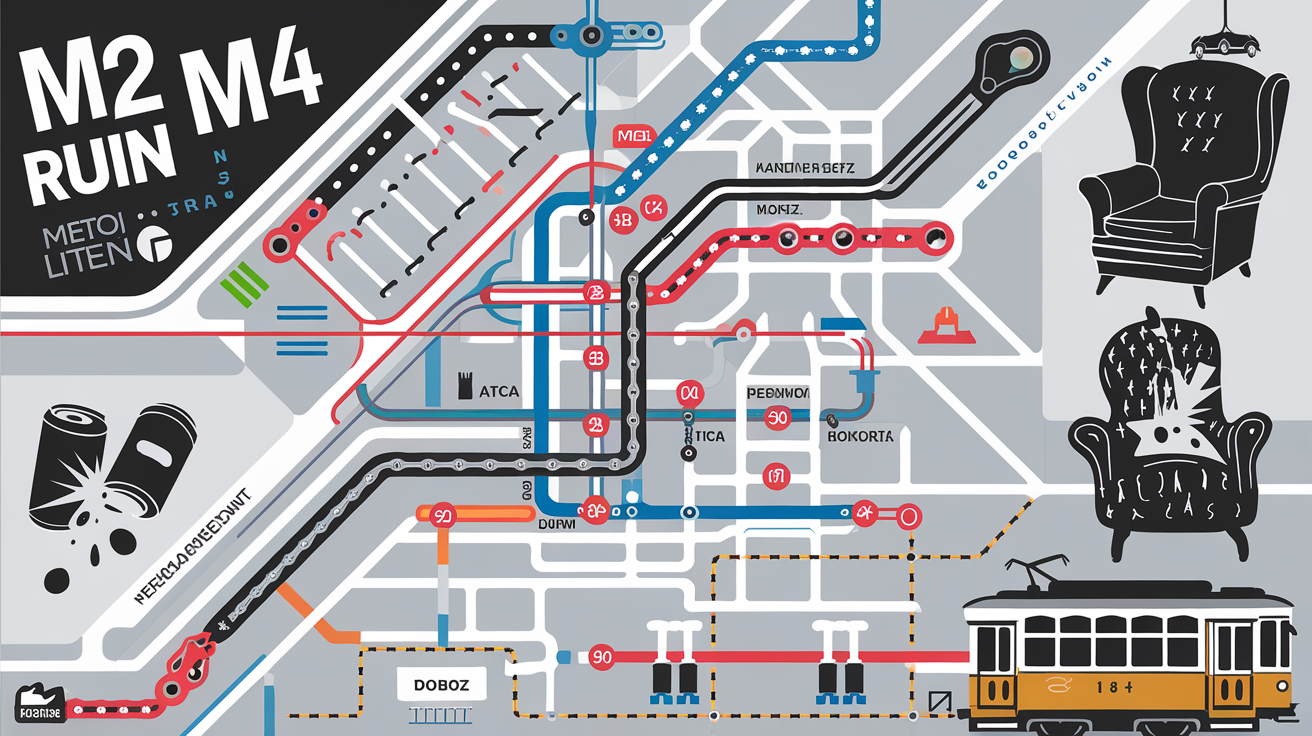 Carte stylisée des métros et trams pour accéder aux ruin bars du VIIe arrondissement de Budapest