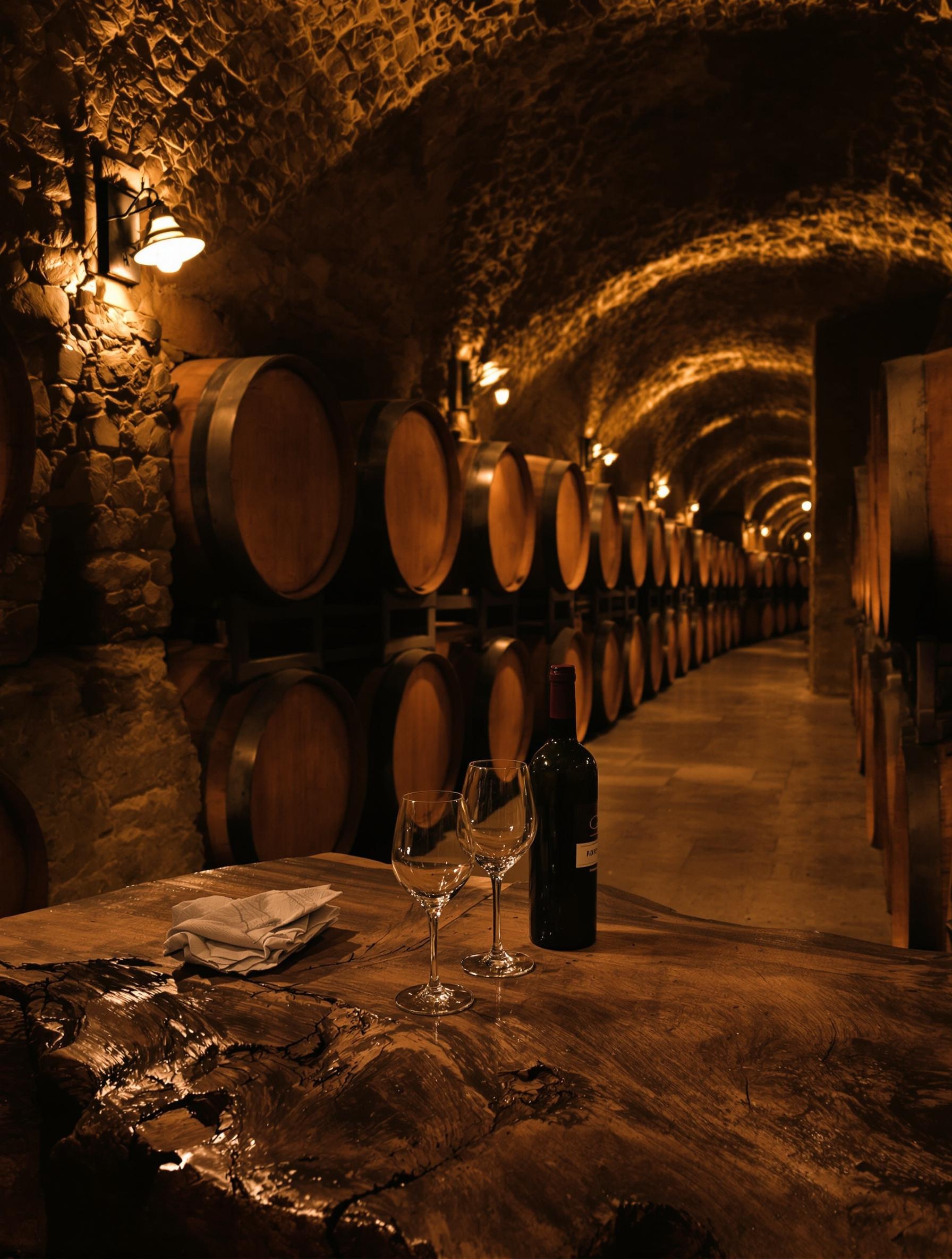 Cave traditionnelle Marsala : tonneaux anciens alignés, lumière tamisée et verres prêts pour dégustation authentique.
