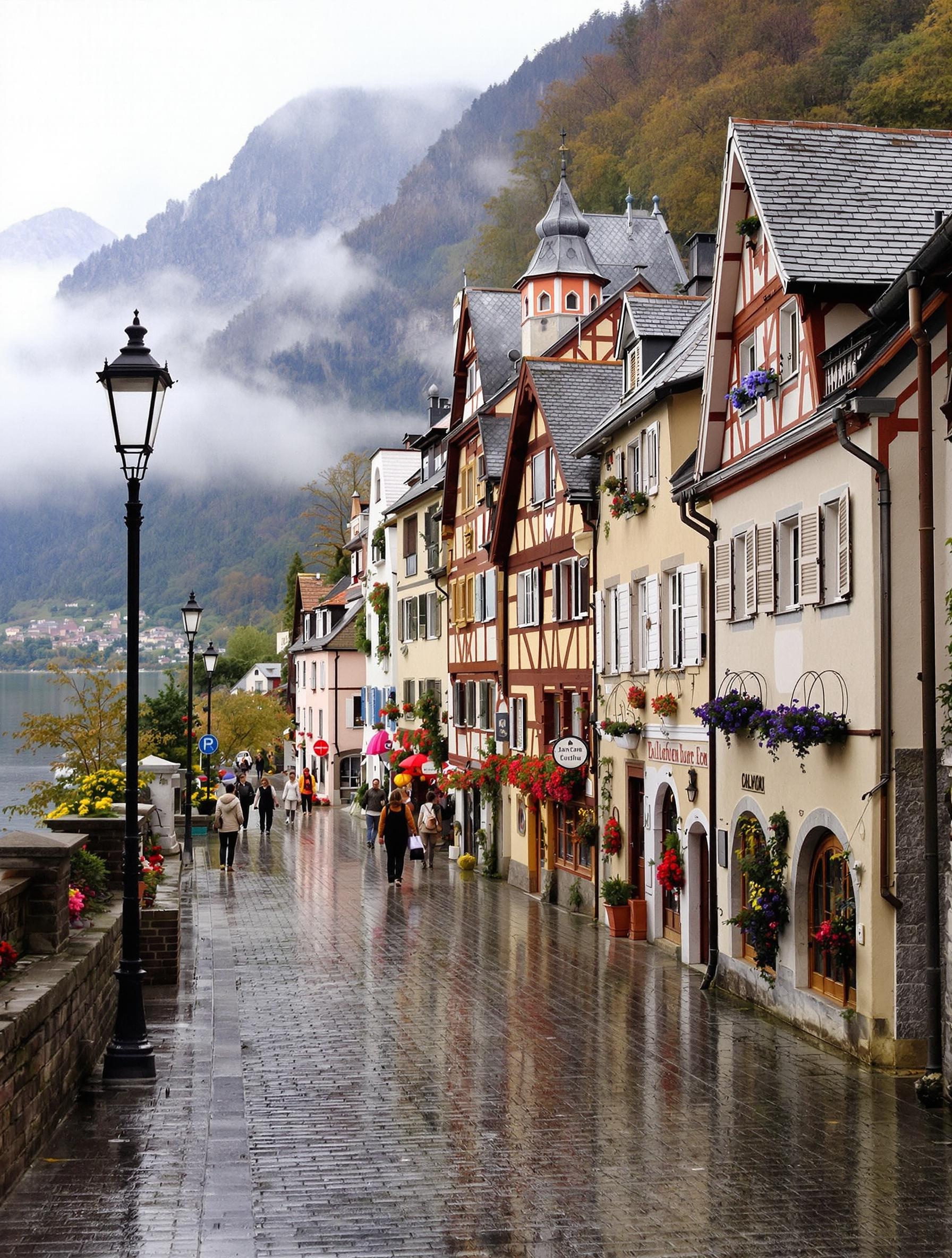 Centre historique Hallstatt, petit matin, façades colorées, brume.