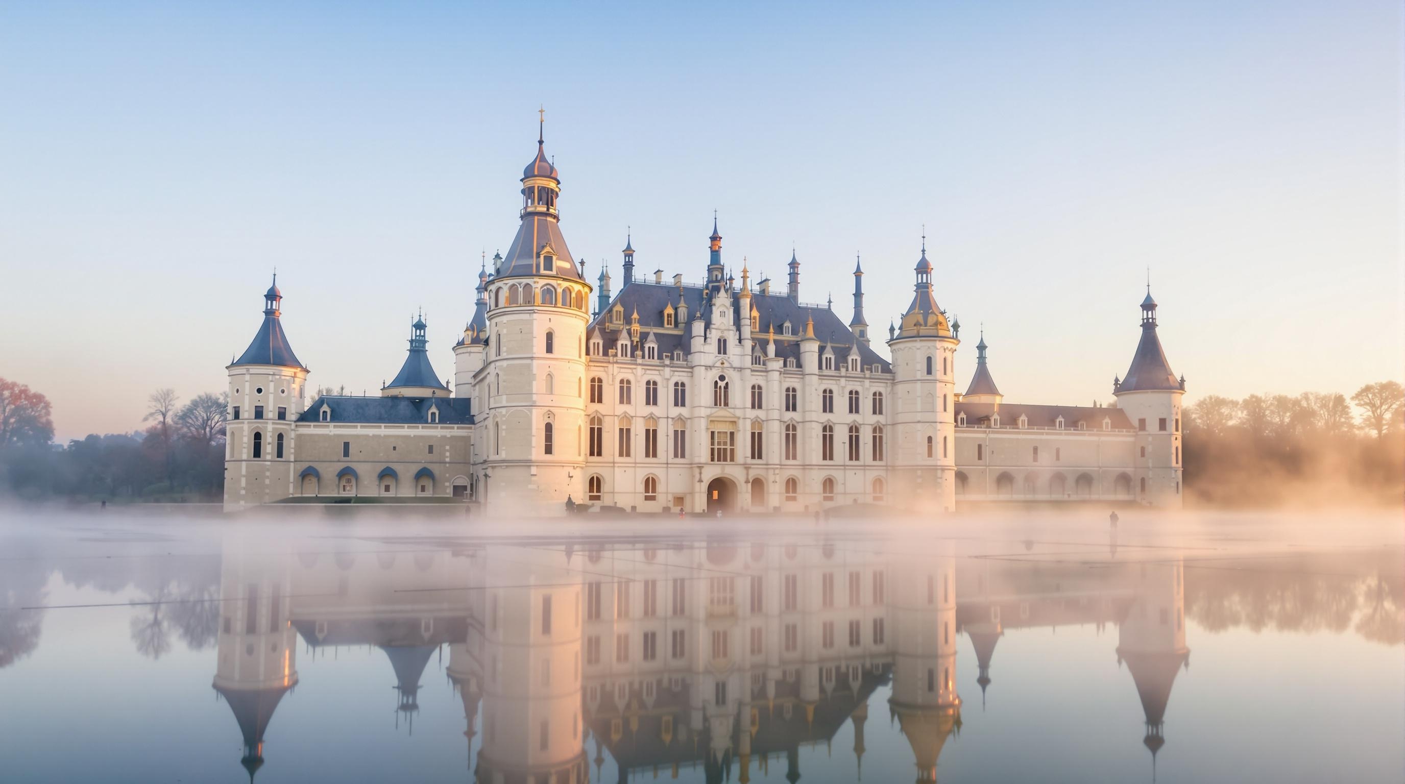 Château de Chambord au lever du jour, entouré de brume