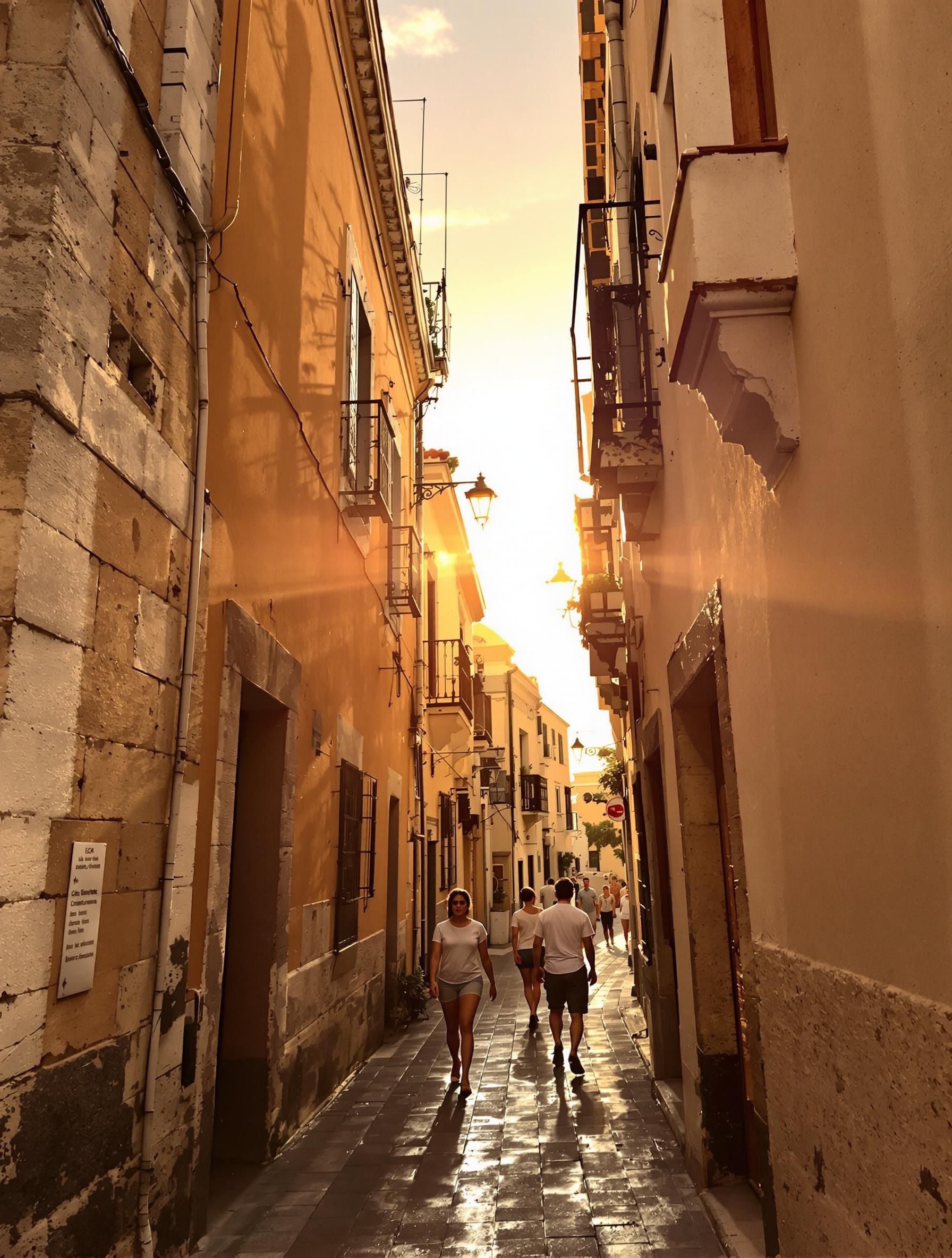 Ciel de Trapani au mois de septembre, lumière dorée, silhouettes de ruelles presque vides, température douce suggérée par des passants en chemise légère.
