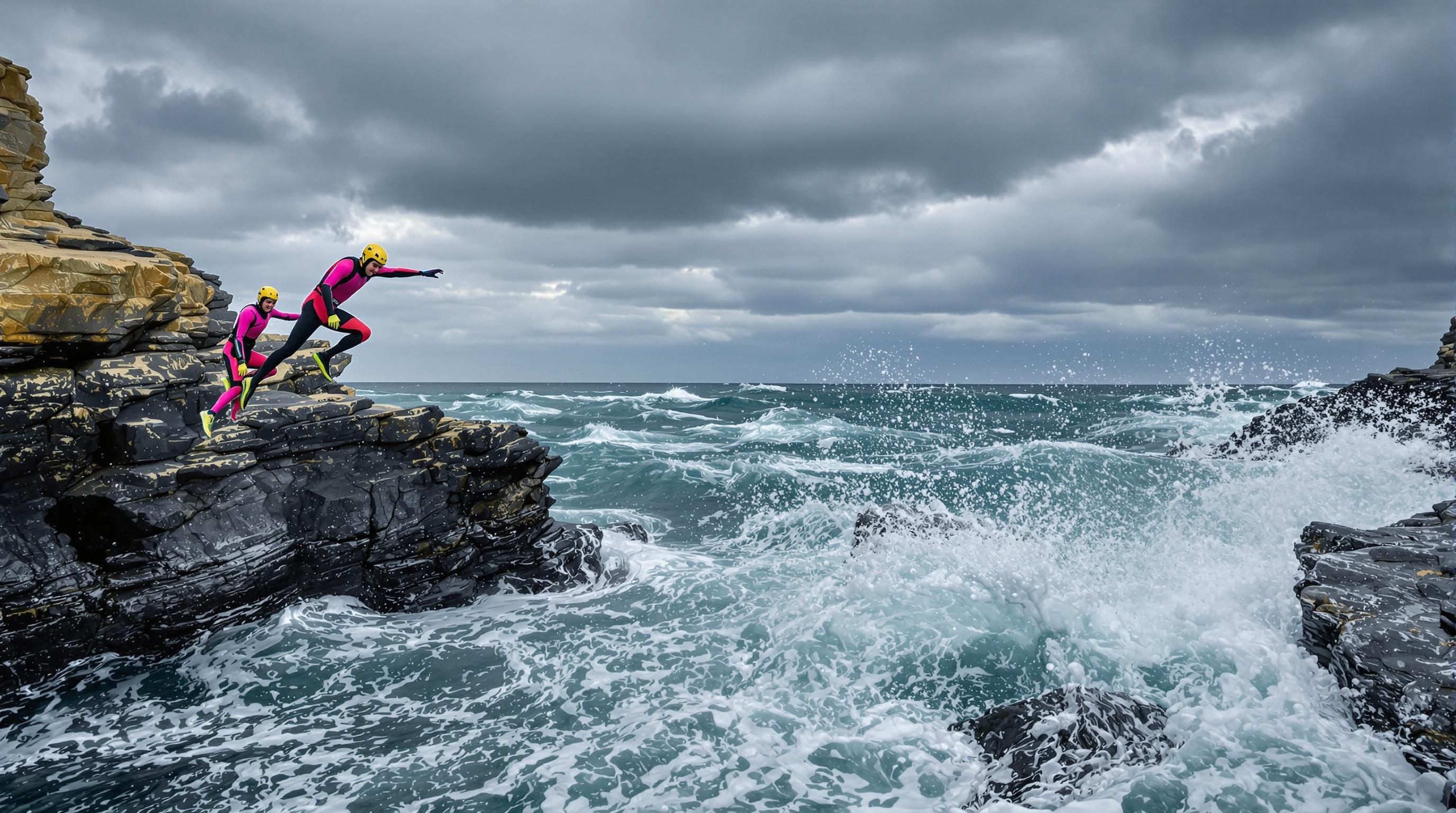Coasteering Pembrokeshire : saut falaise groupe néoprène mer agitée