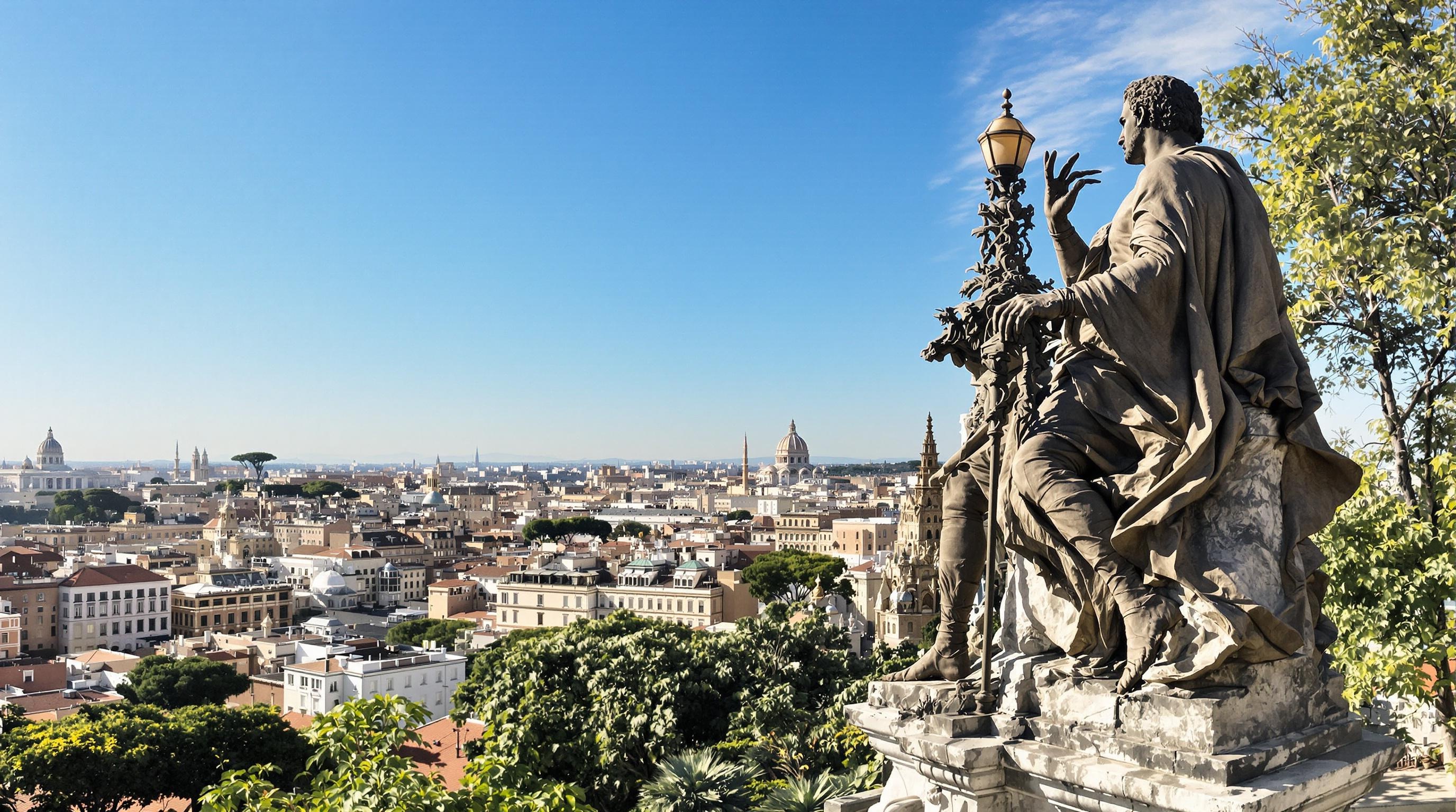 Vue depuis le sommet du Janicule sur Rome, statue Garibaldi, Fontana dell’Acqua Paola au lever du jour.