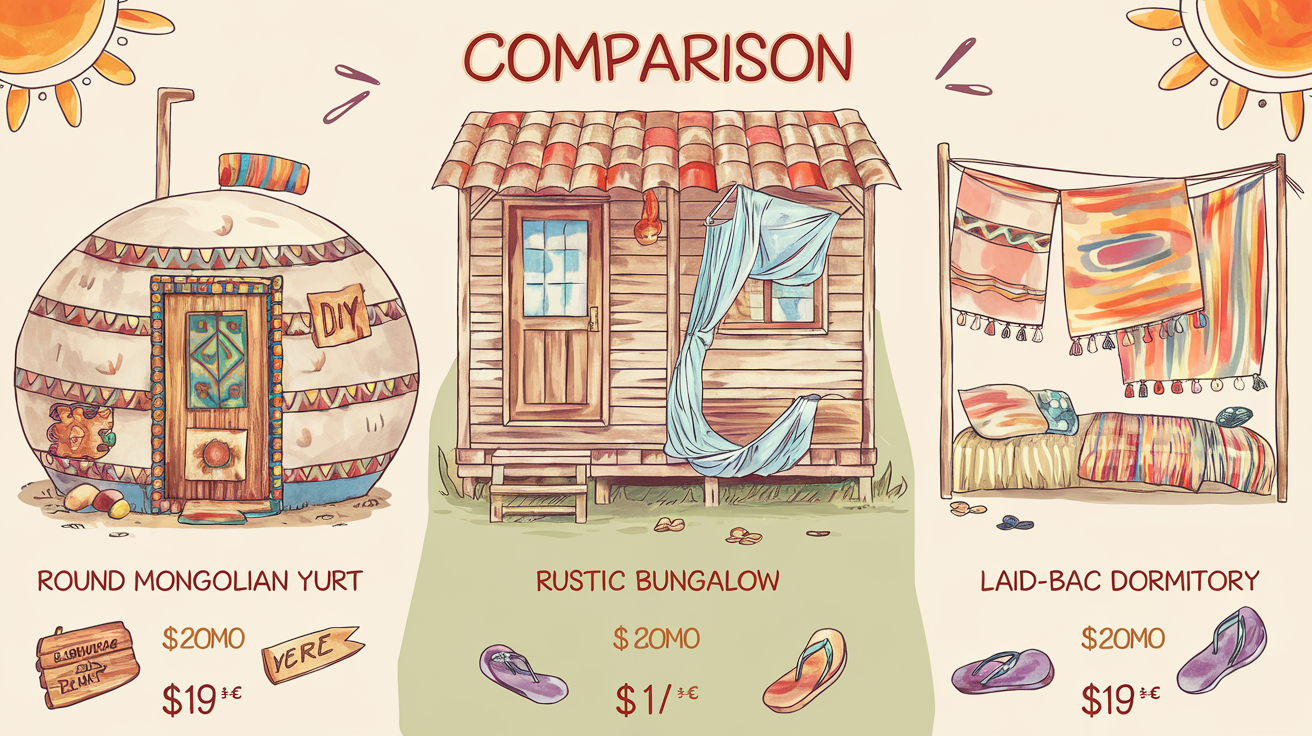 Comparatif entre yourte, bungalow rustique et dortoir hippie à Pai