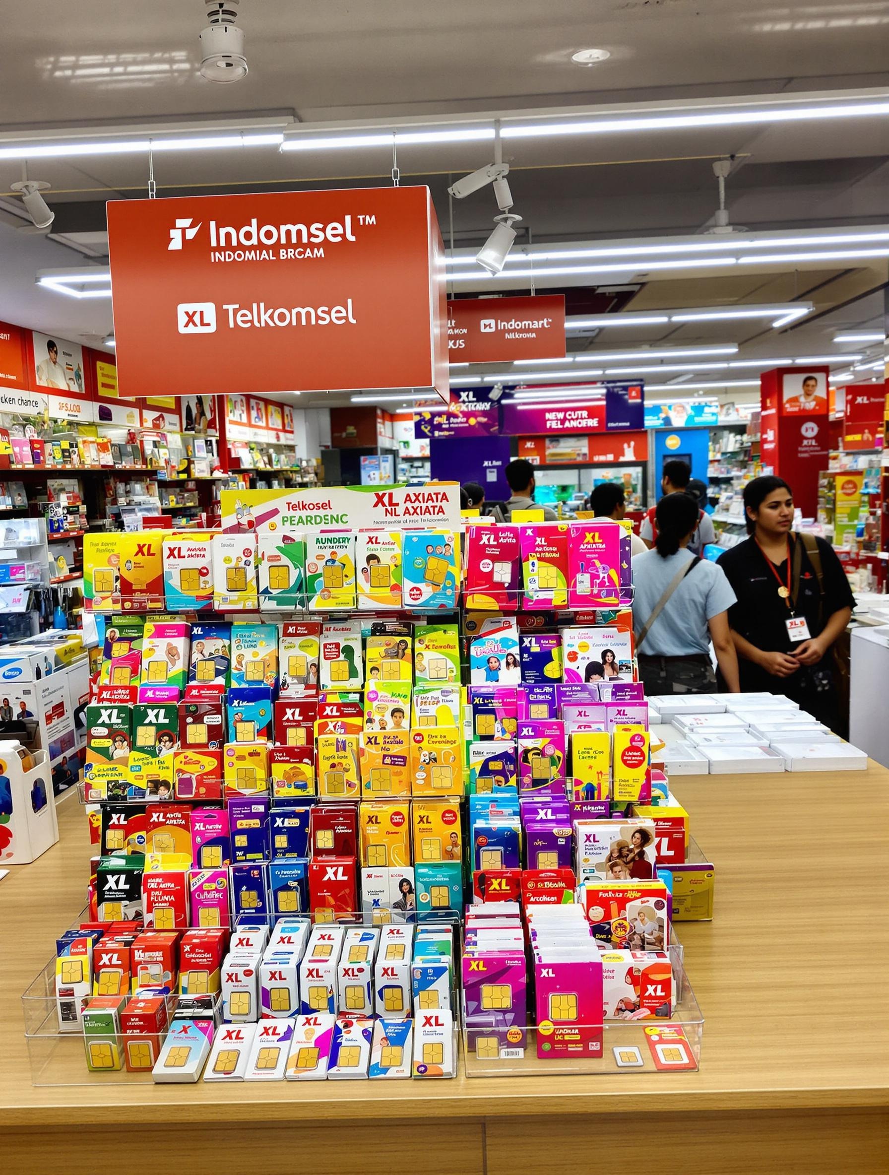 Comptoir Indomart proposant des cartes SIM Telkomsel et XL Axiata à Bali